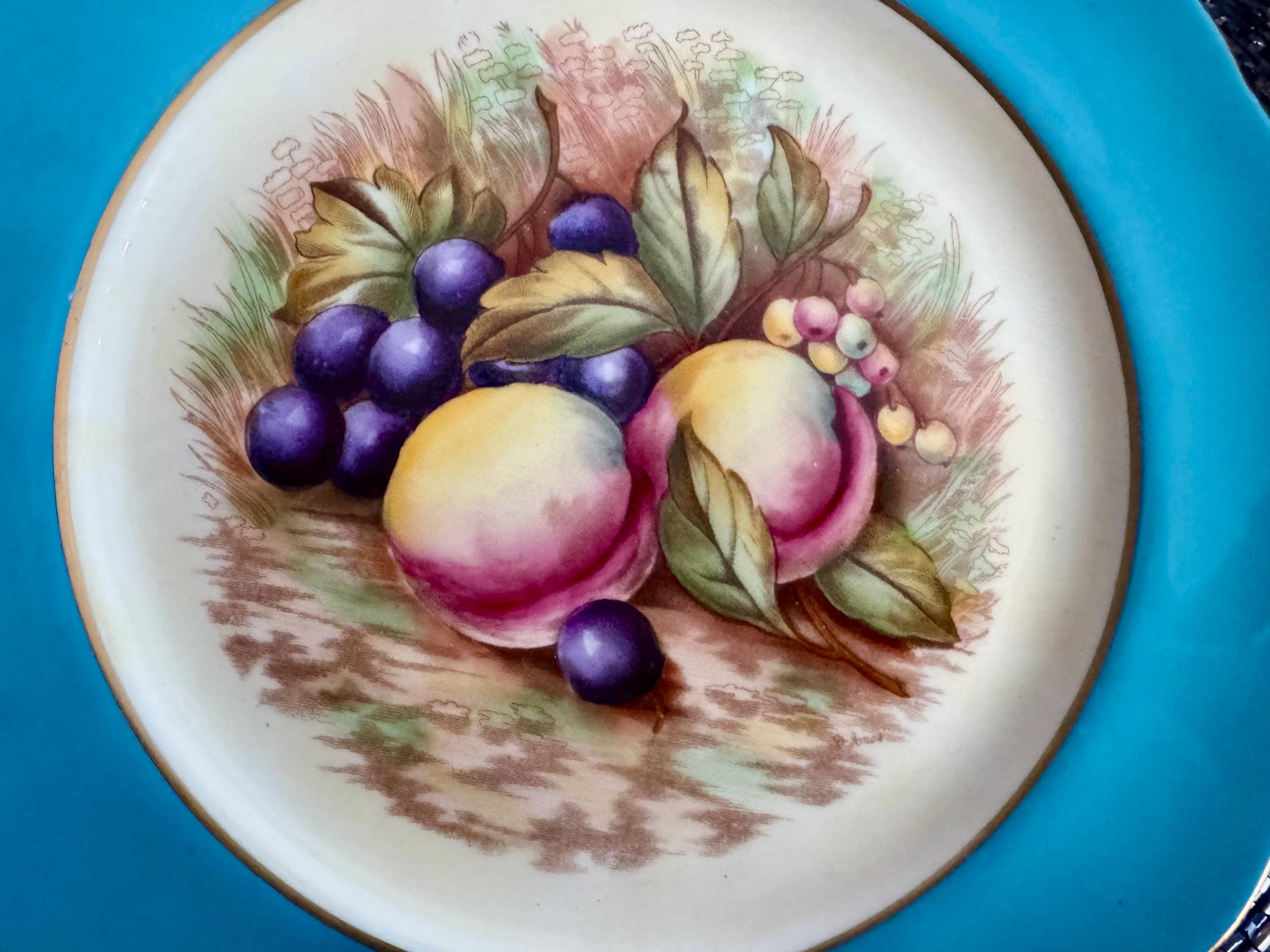 Vintage Aynsley Orchard Fruit Salad Plate: Hand-Painted Fine Bone China, Turquoise Rim