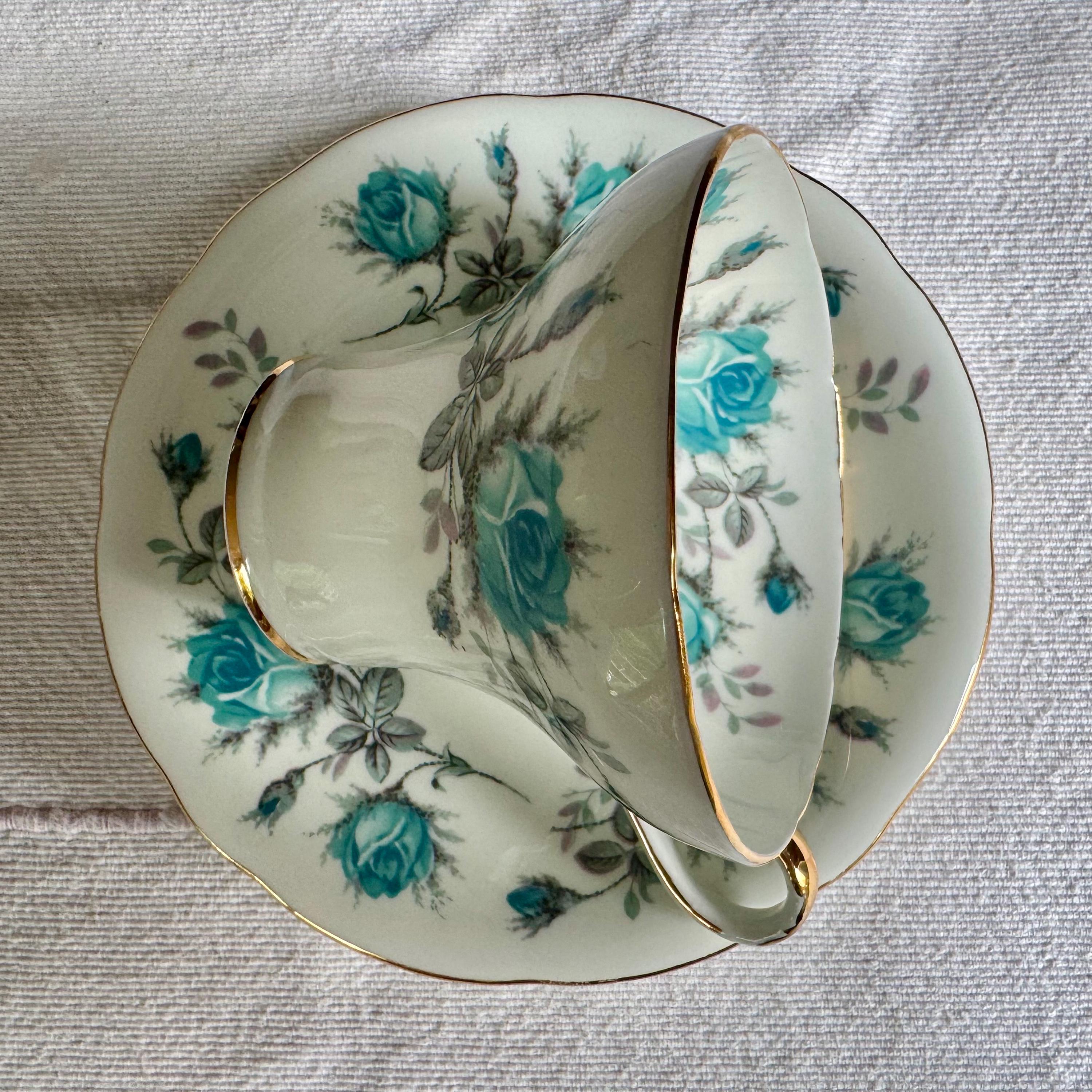 Aynsley Bone China Corset Teacup and Saucer – (2294 Blue Roses) – Made in England