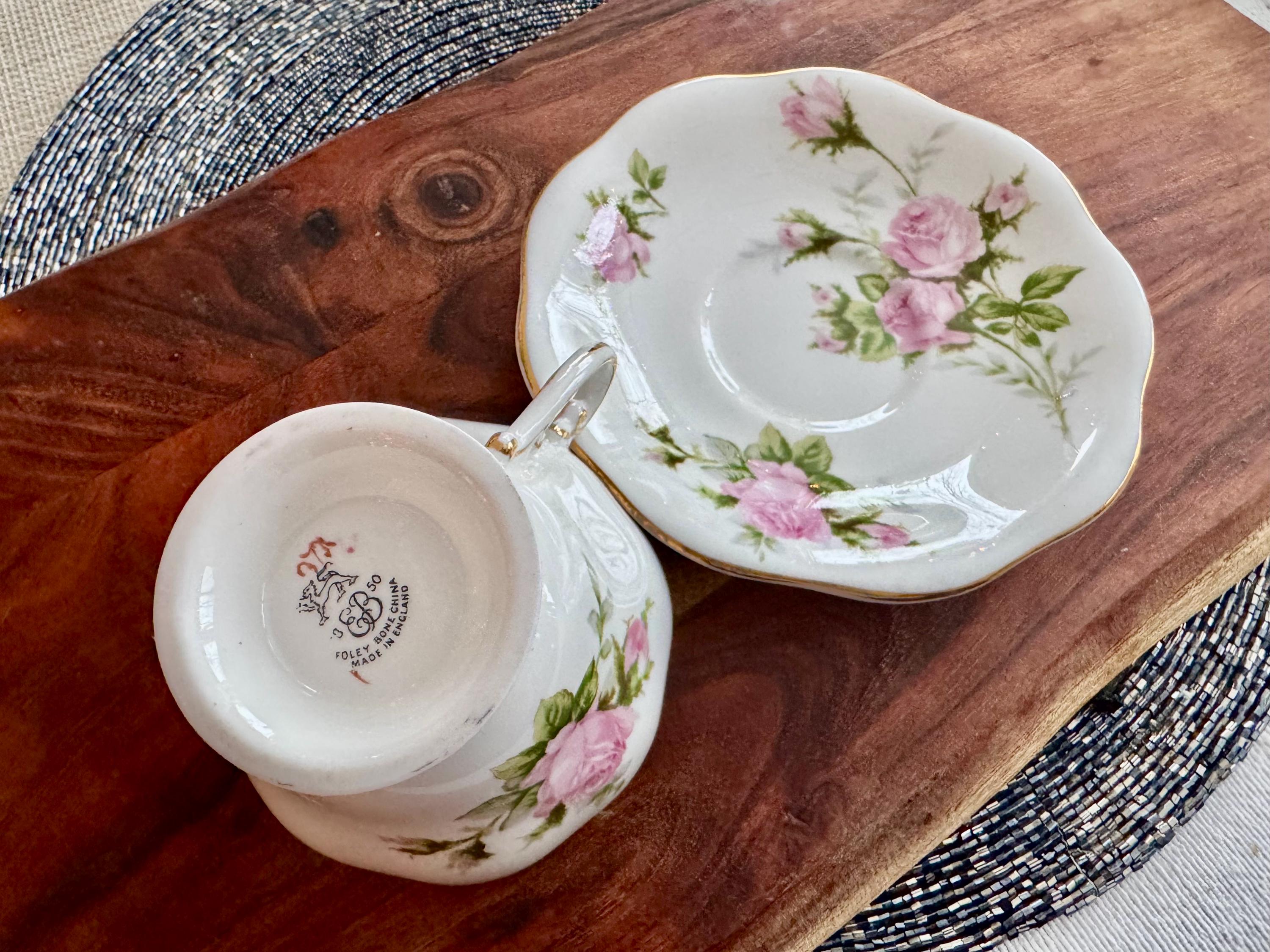 Foley China Bone Cup & Saucer - Pastel Yellow with Pink Roses