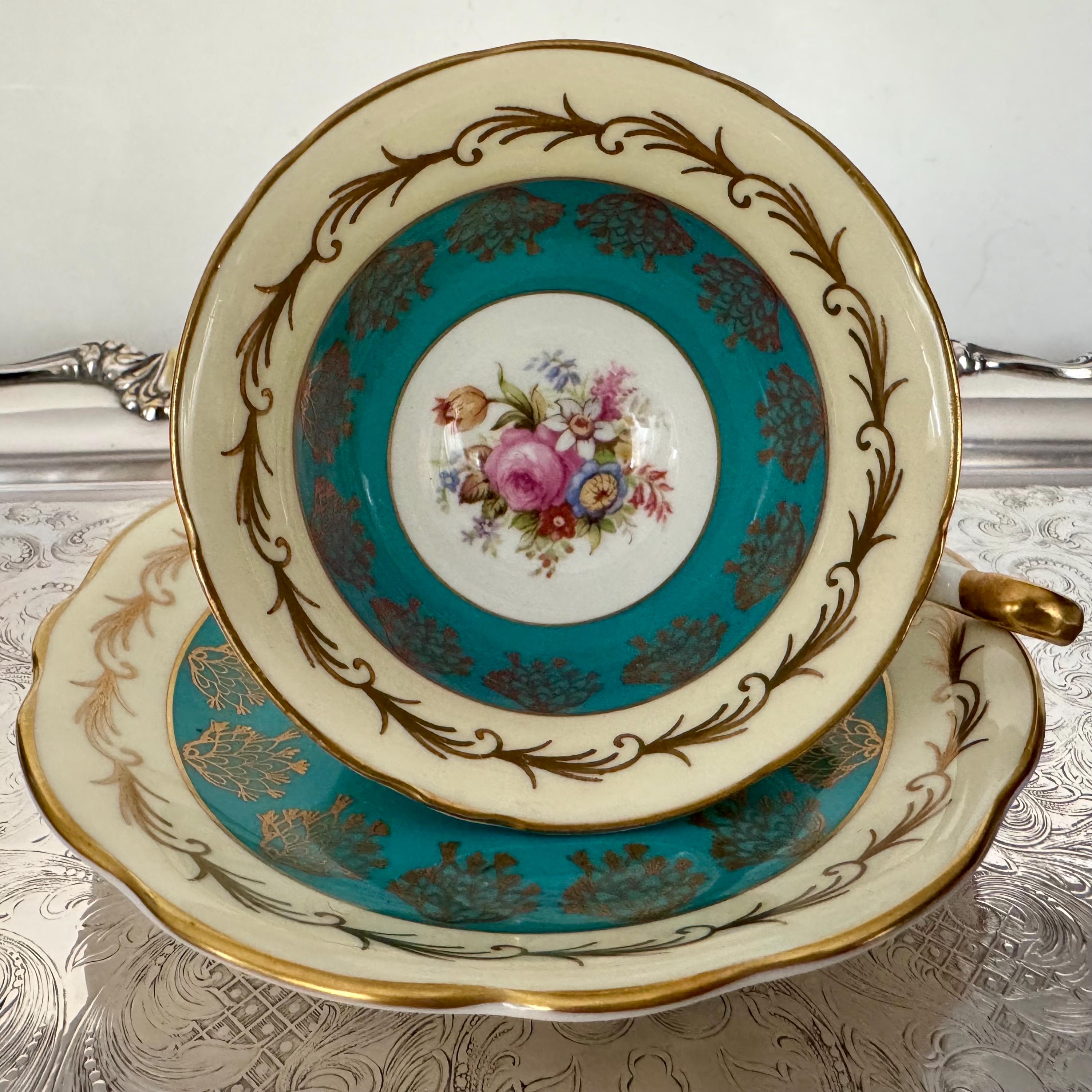 Vintage Foley Bone China Teacup & Saucer – Turquoise Gold with Floral Bouquet – Made in England