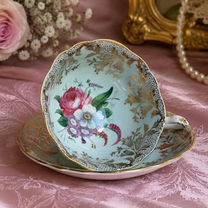 Vintage Paragon Fine Bone China Teacup & Saucer – Aqua Blue, Pink Floral Bouquet Gold Gilt image 2