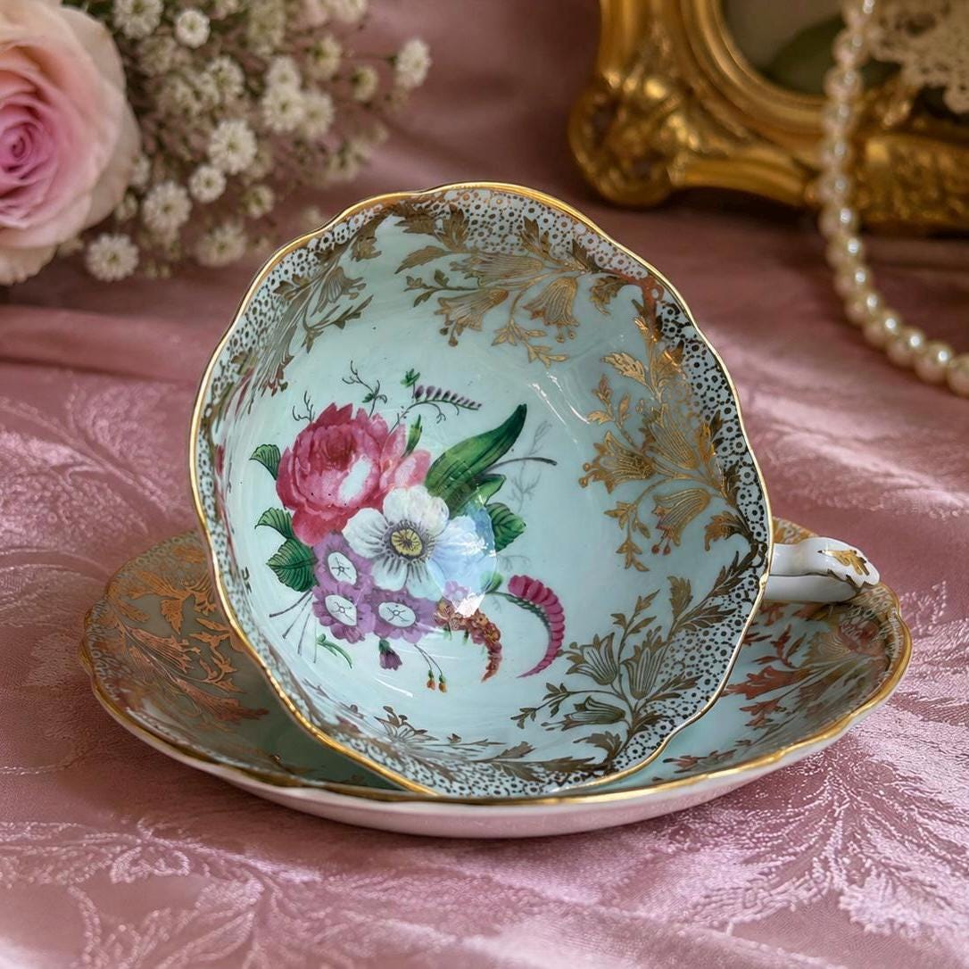 Vintage Paragon Fine Bone China Teacup & Saucer – Aqua Blue, Pink Floral Bouquet Gold Gilt