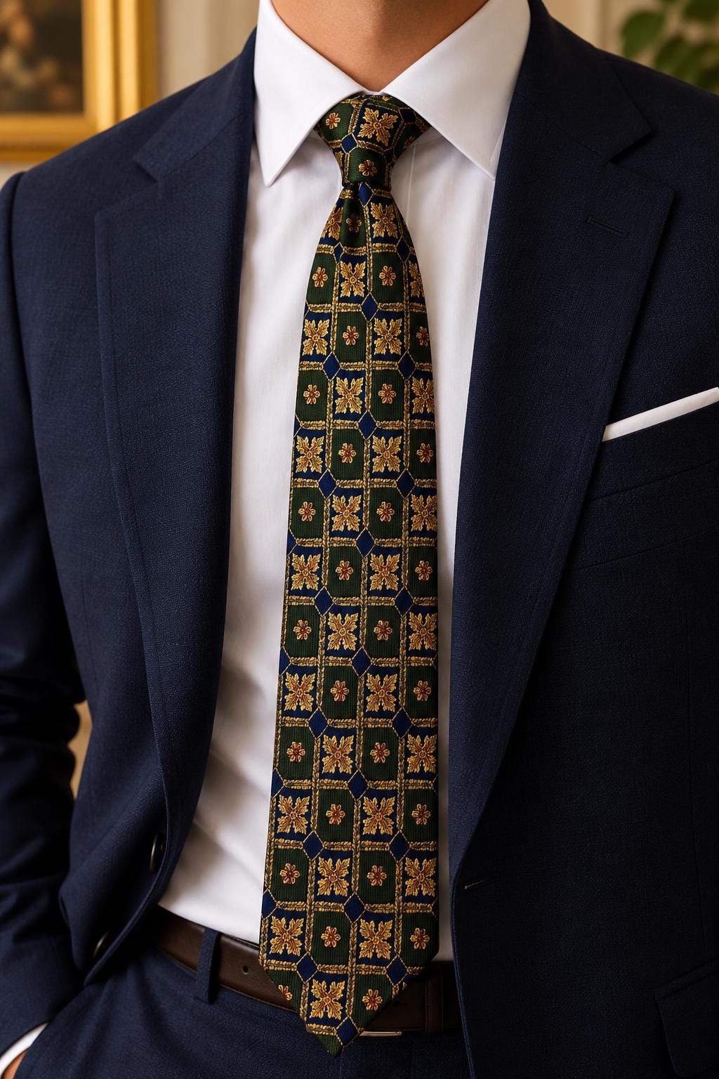 Vintage Dorméuil 100% Silk Tie — Paris London — Navy Green Gold Geometric Pattern — Made in Italy