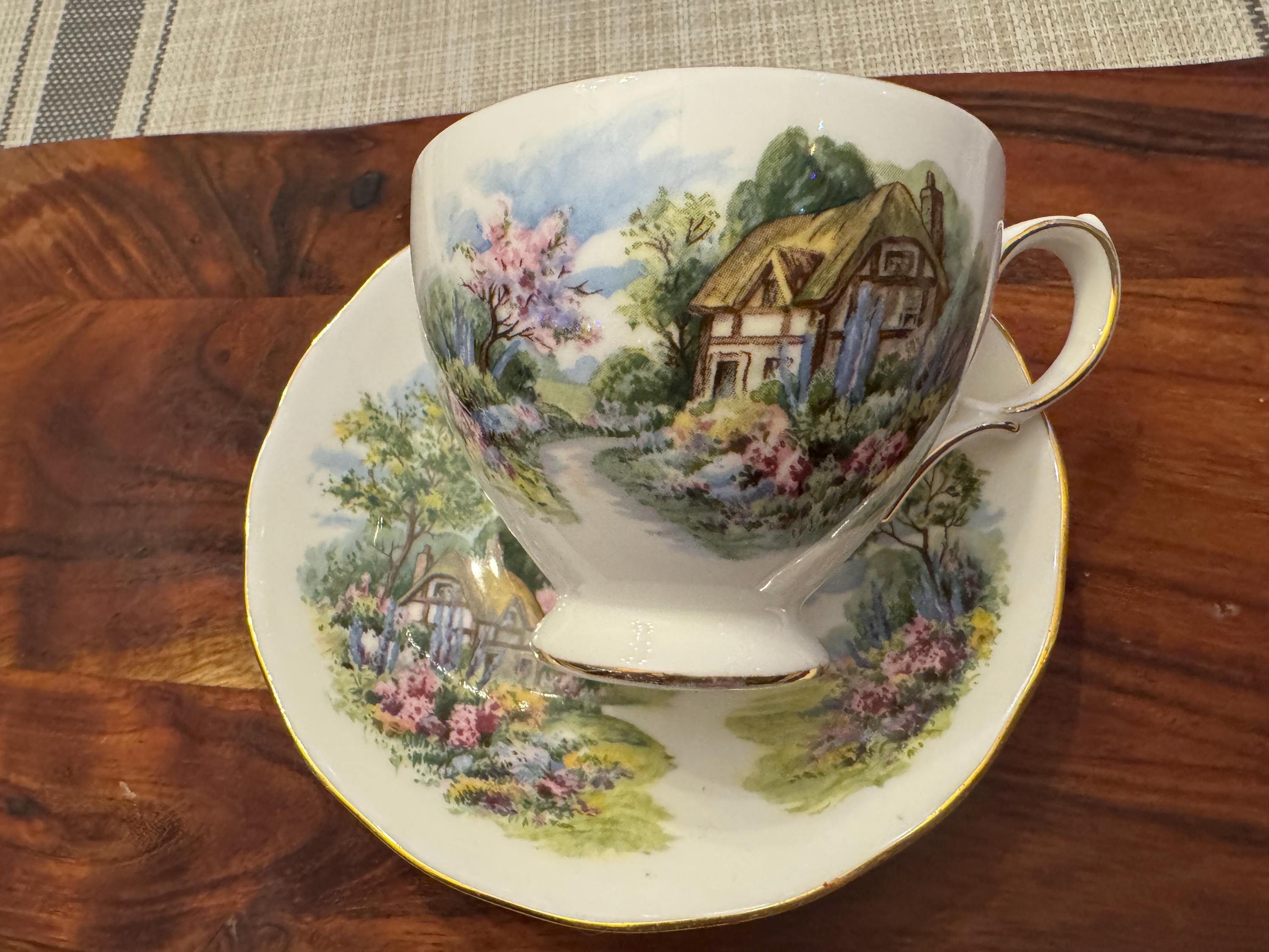 Vintage Royal Vale Countryside Houses Tea Cup and Saucer Set - Fine Bone China