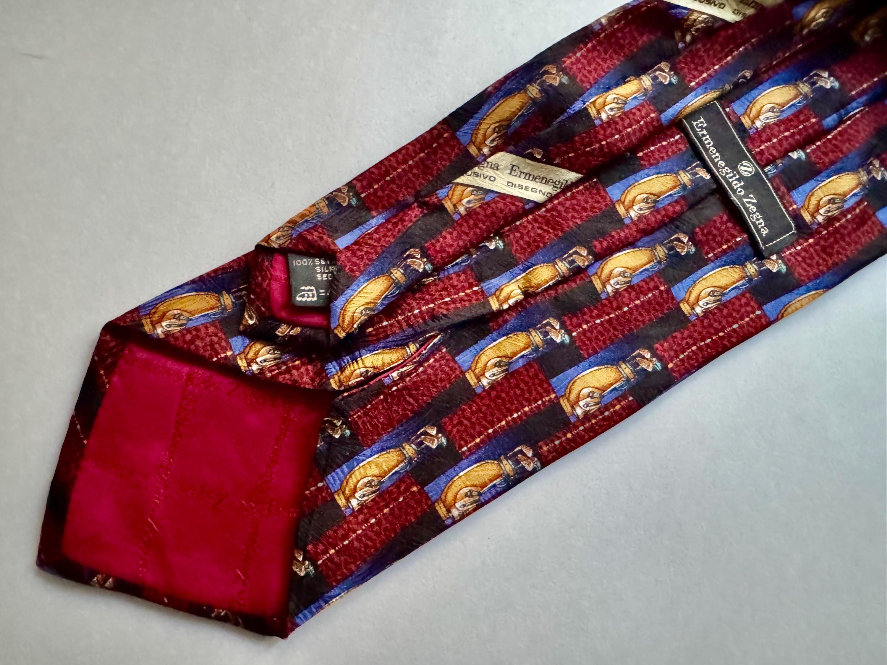 Vintage Ermenegildo Zegna — Silk Golf Tie — Made in Italy — Burgundy, Navy & Gold Designer Necktie