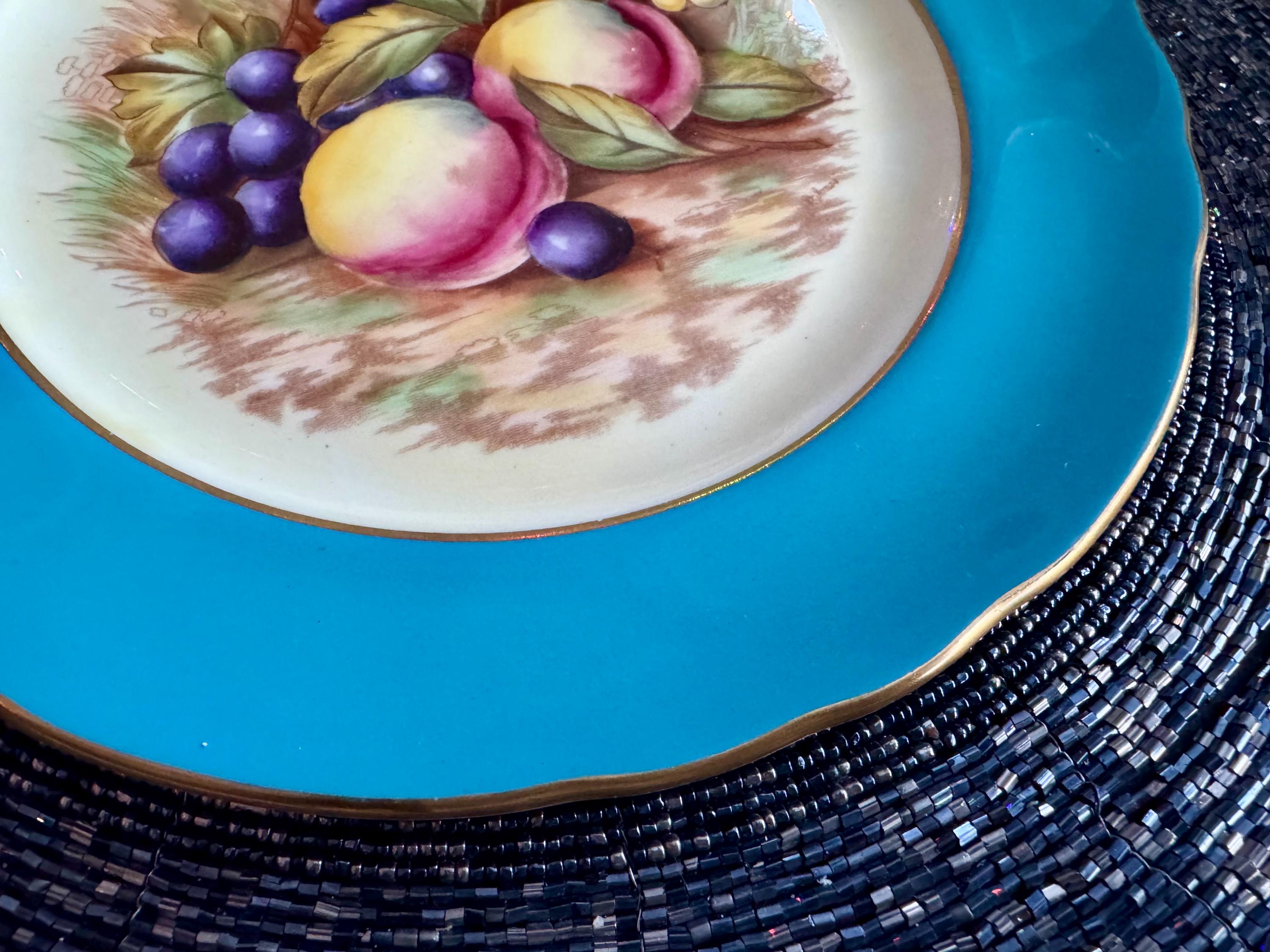 Vintage Aynsley Orchard Fruit Salad Plate: Hand-Painted Fine Bone China, Turquoise Rim