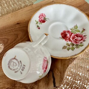 Pu&ograve; includere: Una tazzina da t&egrave; e un piattino bianchi con un motivo floreale di rose rosa e foglie verdi. Il piattino ha un bordo dorato. La tazzina da t&egrave; ha un marchio sul fondo che recita "Mason's Bone China Made in England J 621".
