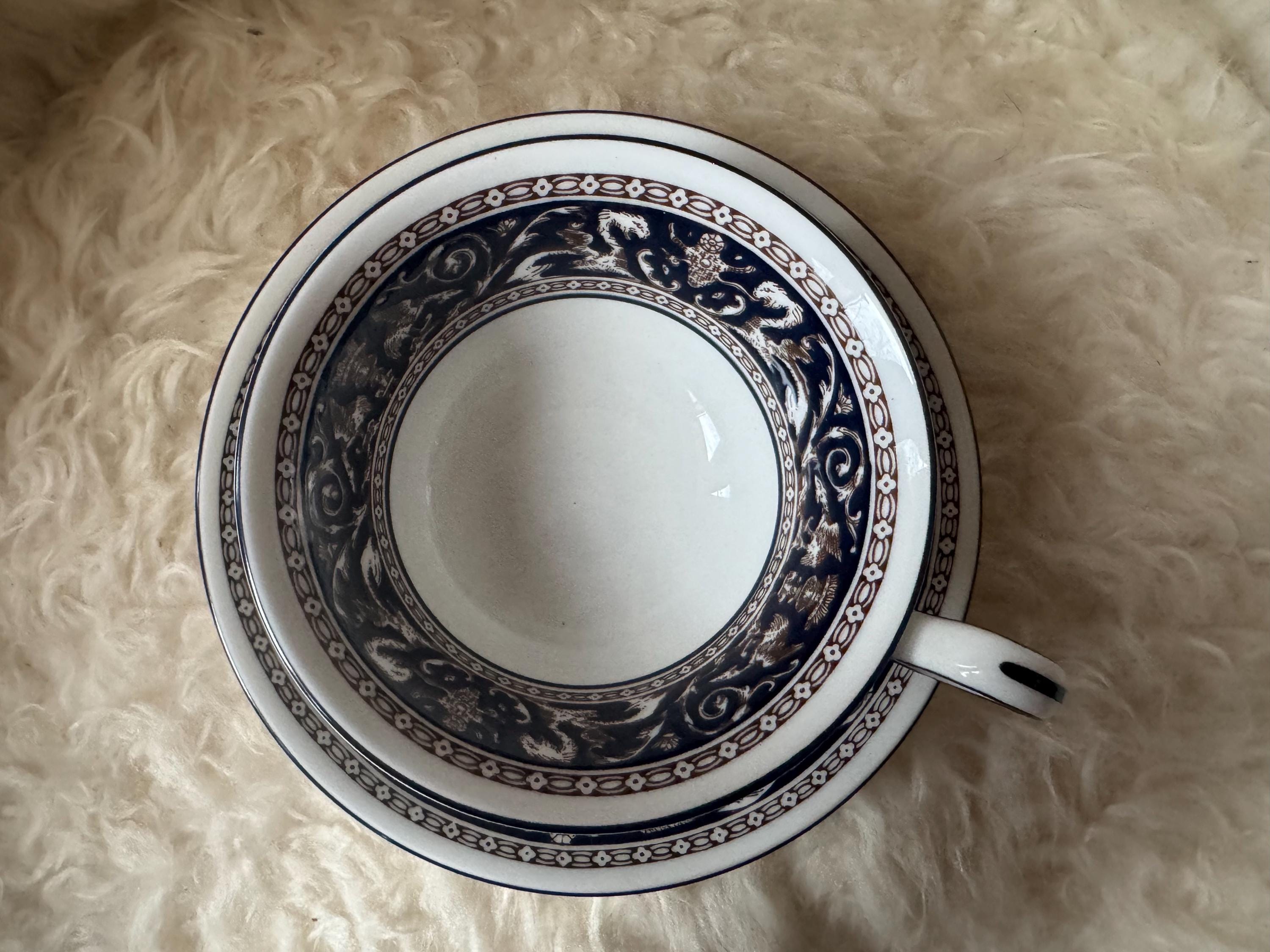 Wedgwood Florentine Teacup & Saucer – Blue Brown – Bone China England