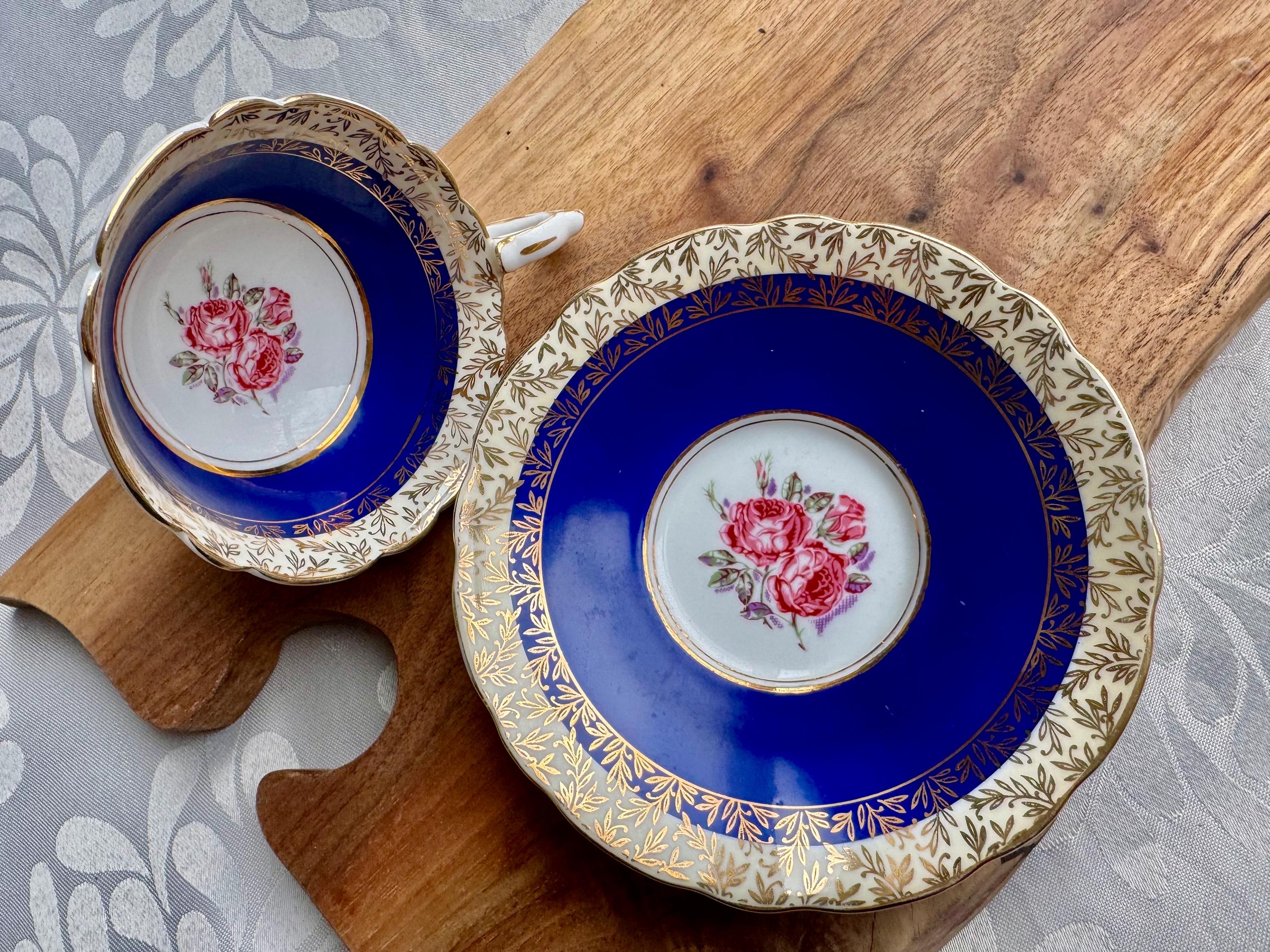 Vintage Royal Stafford Cobalt Blue Gold Teacup & Saucer – Made in England