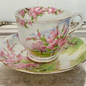 May include: A vintage teacup and saucer set. The white porcelain cup and saucer feature a pink floral design with gold trim. The cup has a handle and sits on a matching saucer with a scalloped edge. The set is placed on a silver tray.