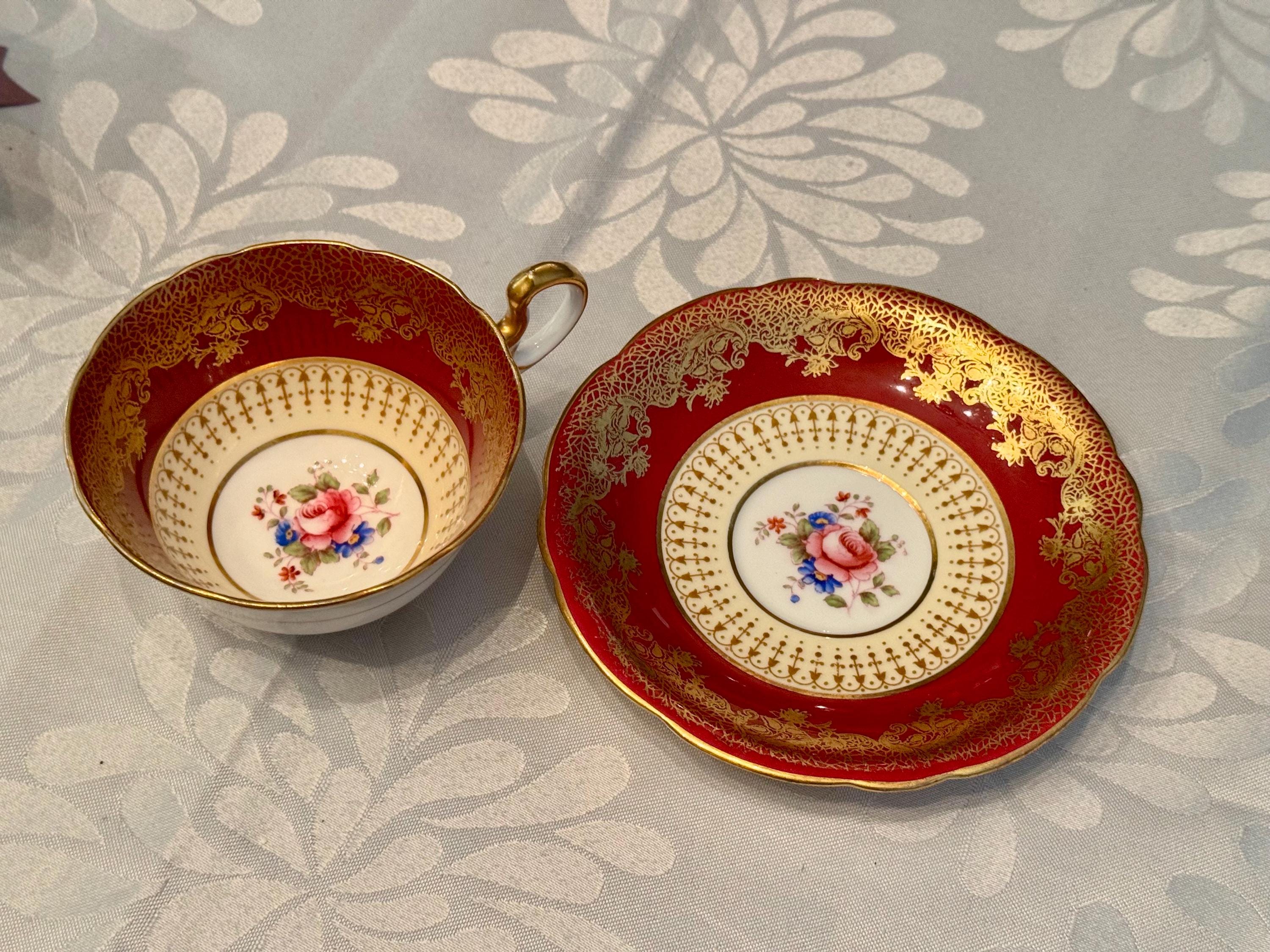 Vintage Aynsley England – Red Gold Filigree Floral Teacup & Saucer