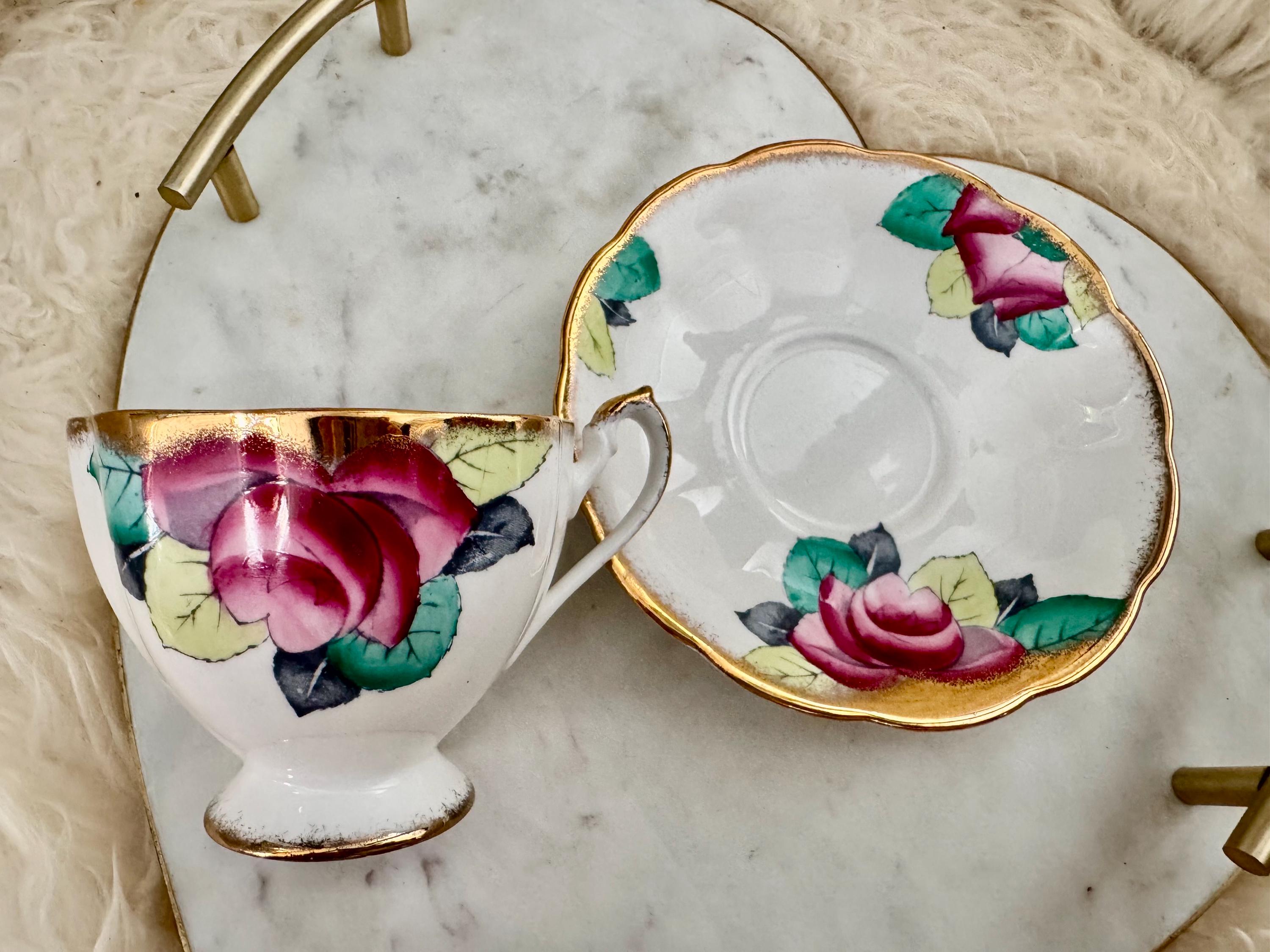 Vintage Queen Anne Bone China Teacup & Saucer – Hand-Painted Roses with Gold Rim