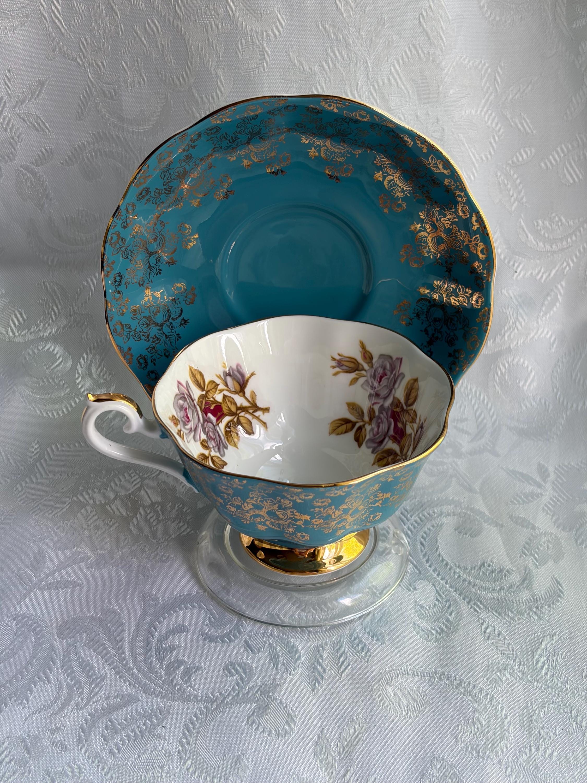 Royal Albert Turquoise Gold Bone China Teacup Saucer – Rose Floral England