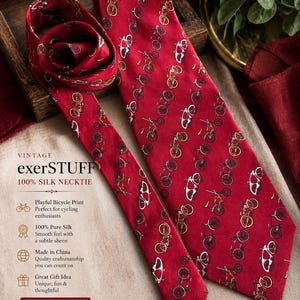 May include: A deep red necktie featuring a repeating pattern of small bicycles in yellow, white, and black. The text on the image reads: VINTAGE exerSTUFF 100% SILK NECKTIE, Playful Bicycle Print, 100% Pure Silk, Made in China, Great Gift Idea, Classic Style. Unique Passion.