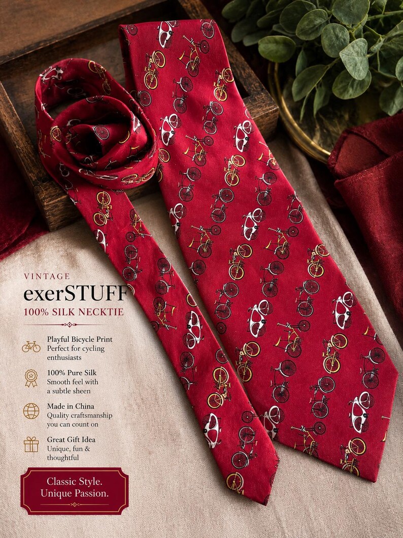 May include: A deep red necktie featuring a repeating pattern of small bicycles in yellow, white, and black. The text on the image reads: VINTAGE exerSTUFF 100% SILK NECKTIE, Playful Bicycle Print, 100% Pure Silk, Made in China, Great Gift Idea, Classic Style. Unique Passion.