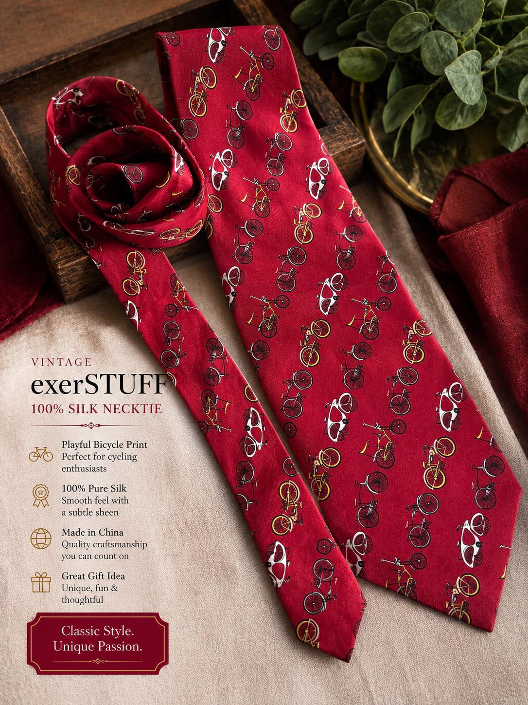Vintage exerSTUFF 100% Silk Bicycle Necktie | Red Novelty Bike Print Tie | Cycling Enthusiast Gift