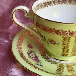 Vintage Aynsley Bone China Teacup & Saucer — Yellow or Green Gold Laurel, Floral Decor image 17