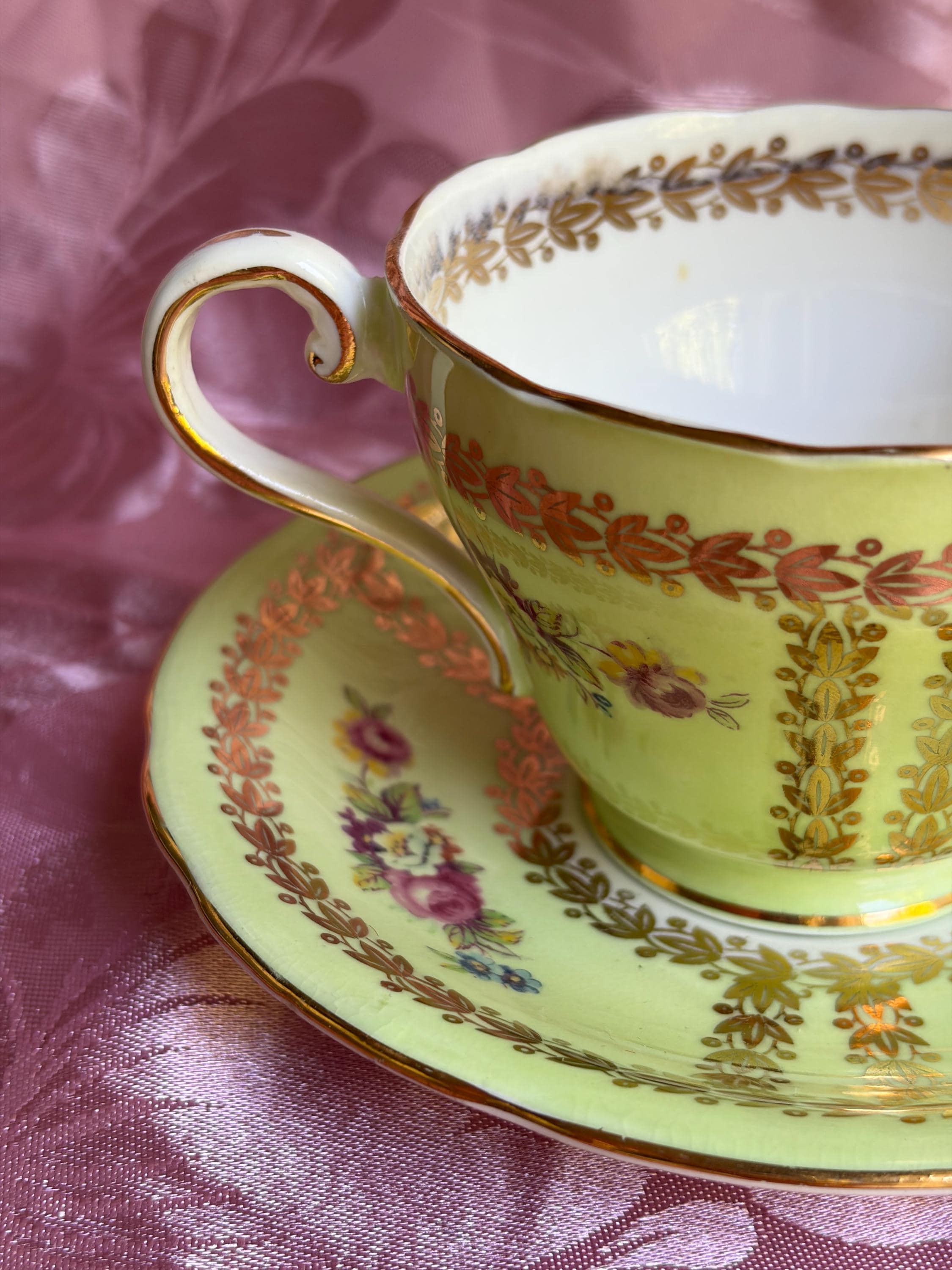 Vintage Aynsley Bone China Teacup & Saucer — Yellow or Green Gold Laurel, Floral Decor