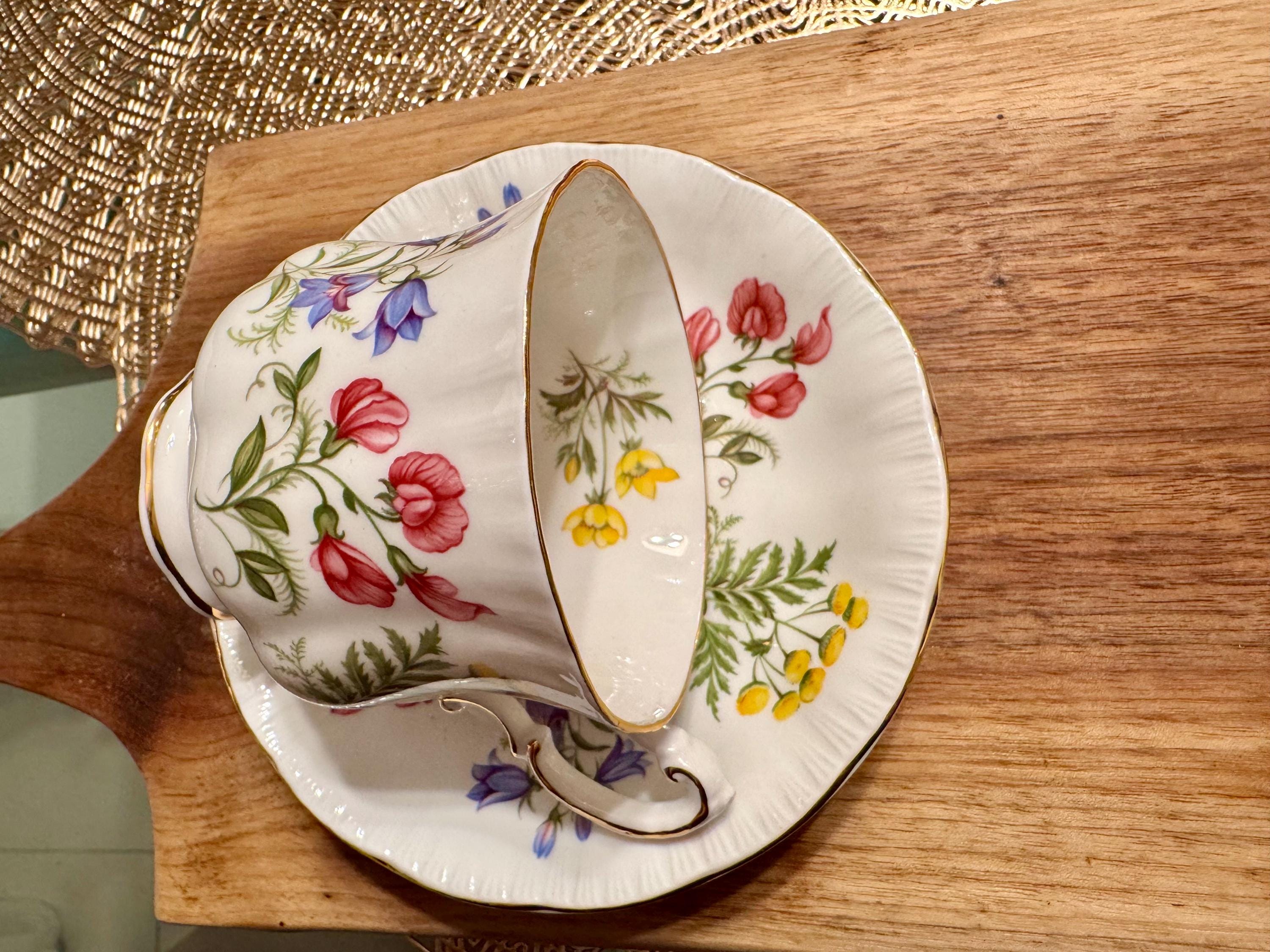 Vintage Paragon Bone China Teacup and Saucer - “English Flowers” with Gold Trim (1957-1960)