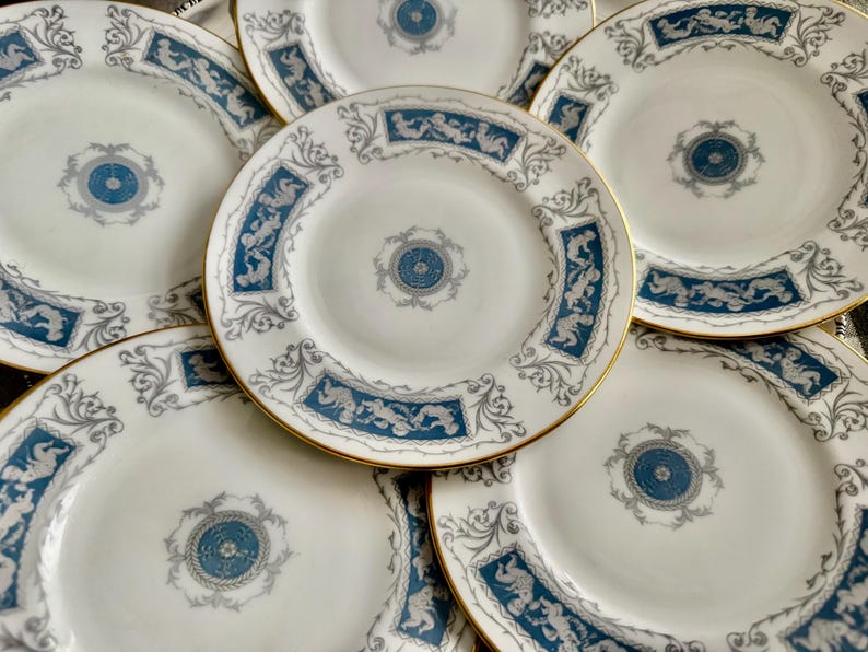 Set of 7 Coalport Revelry Dessert Plates – Blue White Bone China, Gold Rim image 7