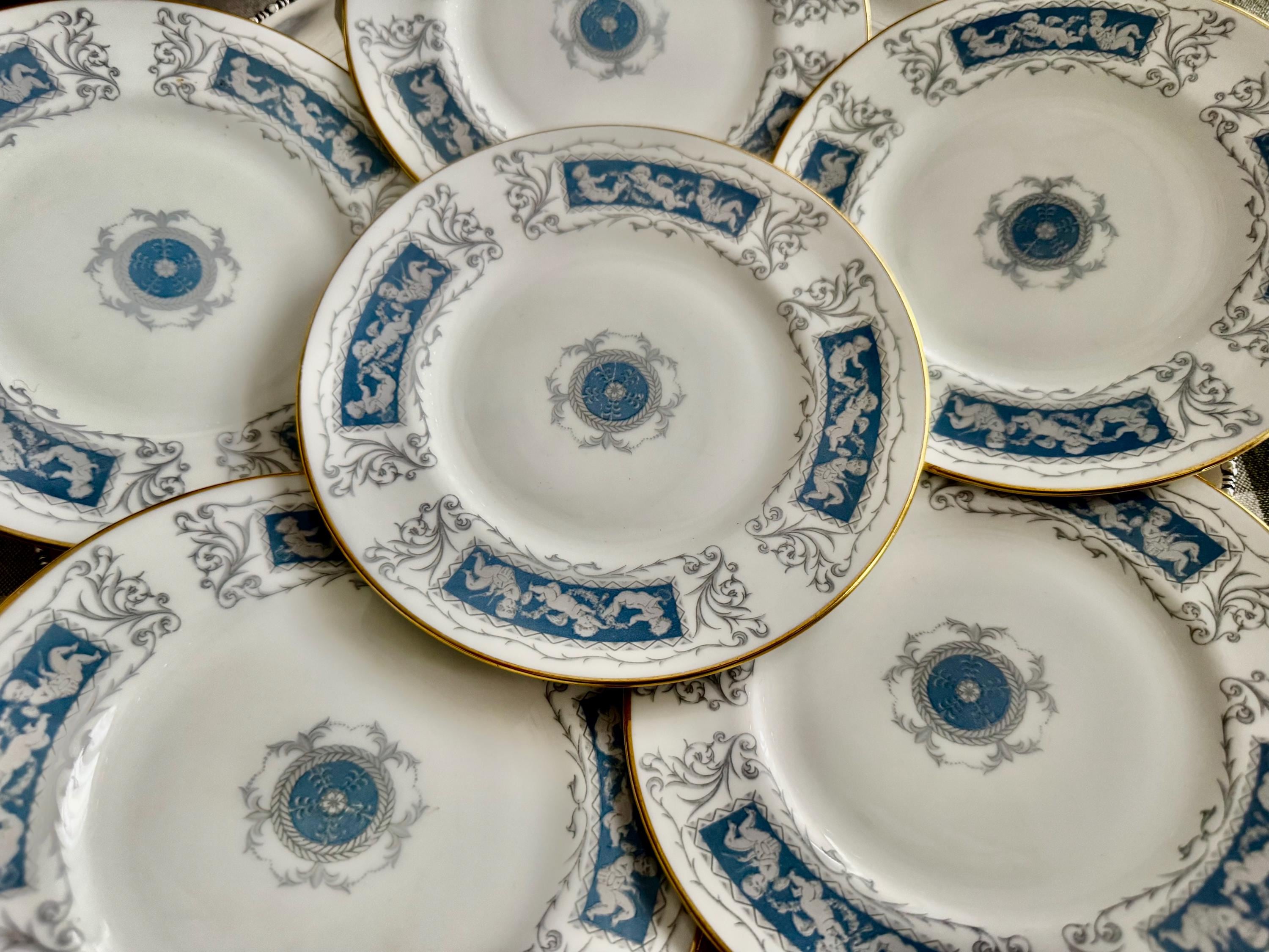 Set of 7 Coalport Revelry Dessert Plates – Blue White Bone China, Gold Rim