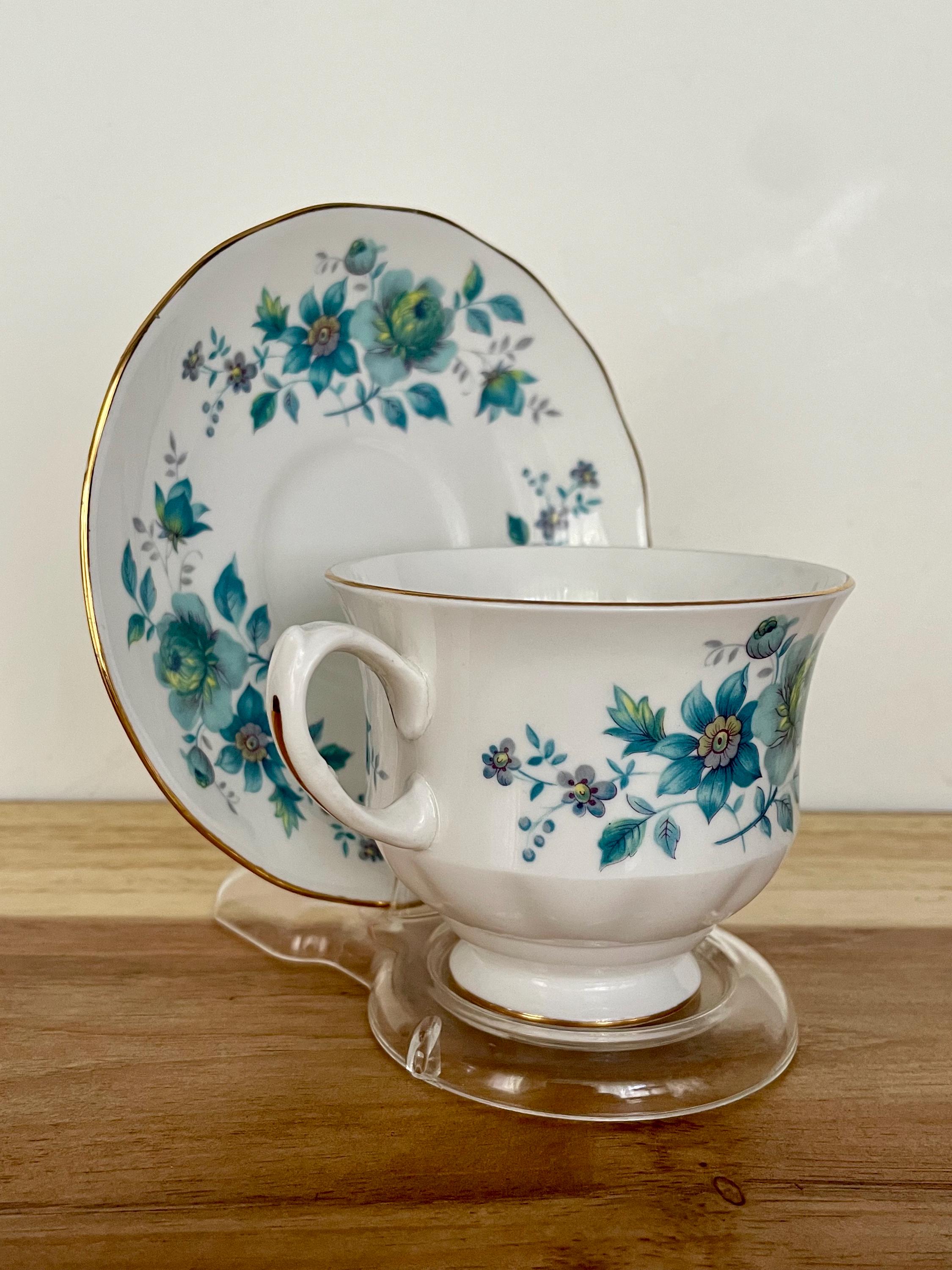 Vintage Queen Anne Bone China Cup ONLY – Teal Green Floral – England