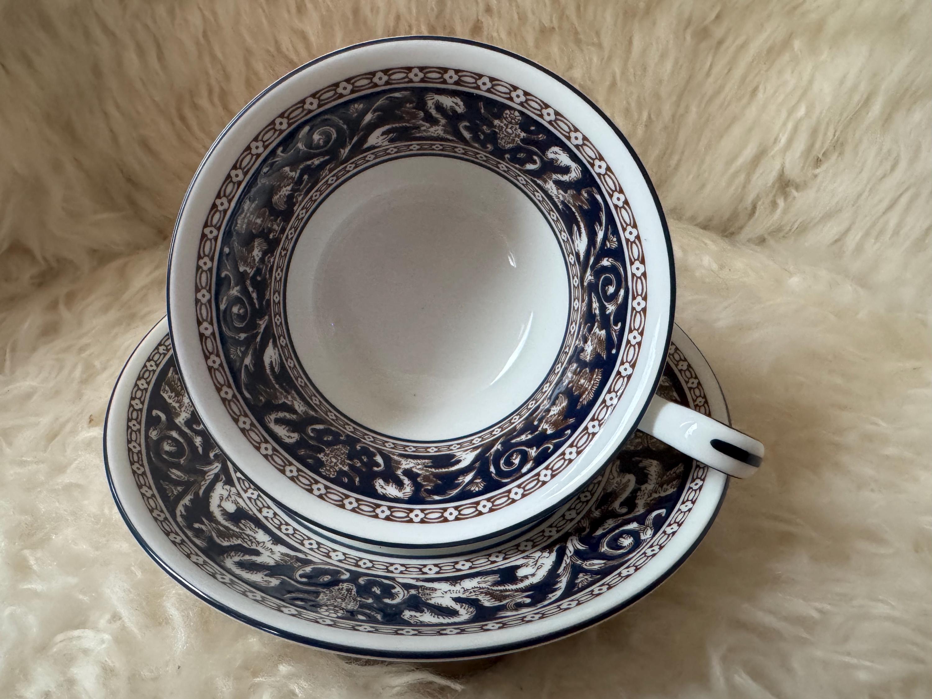 Wedgwood Florentine Teacup & Saucer – Blue Brown – Bone China England