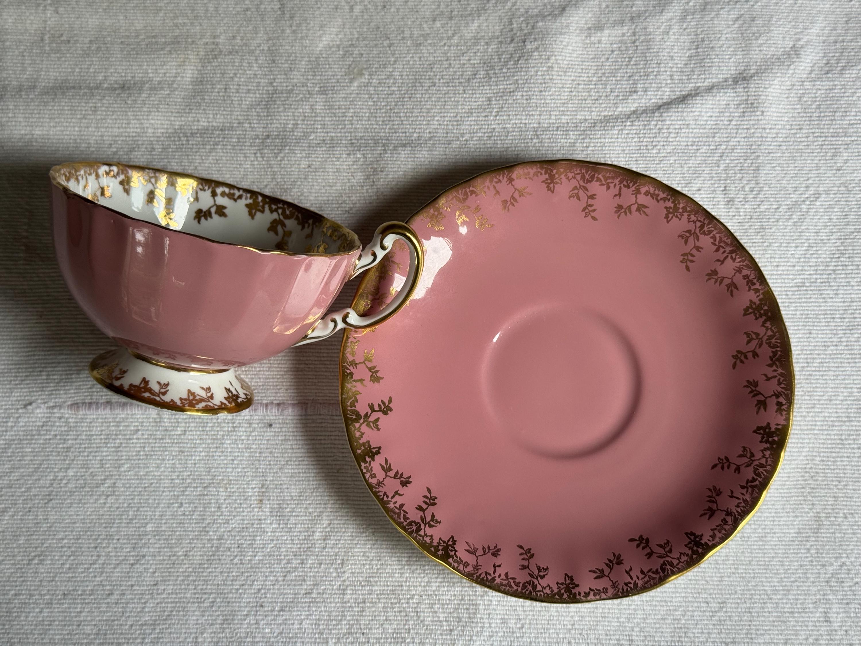 Aynsley Bone China Teacup & Saucer – (2273 Pink with Gold Vine Garland) – Made in England