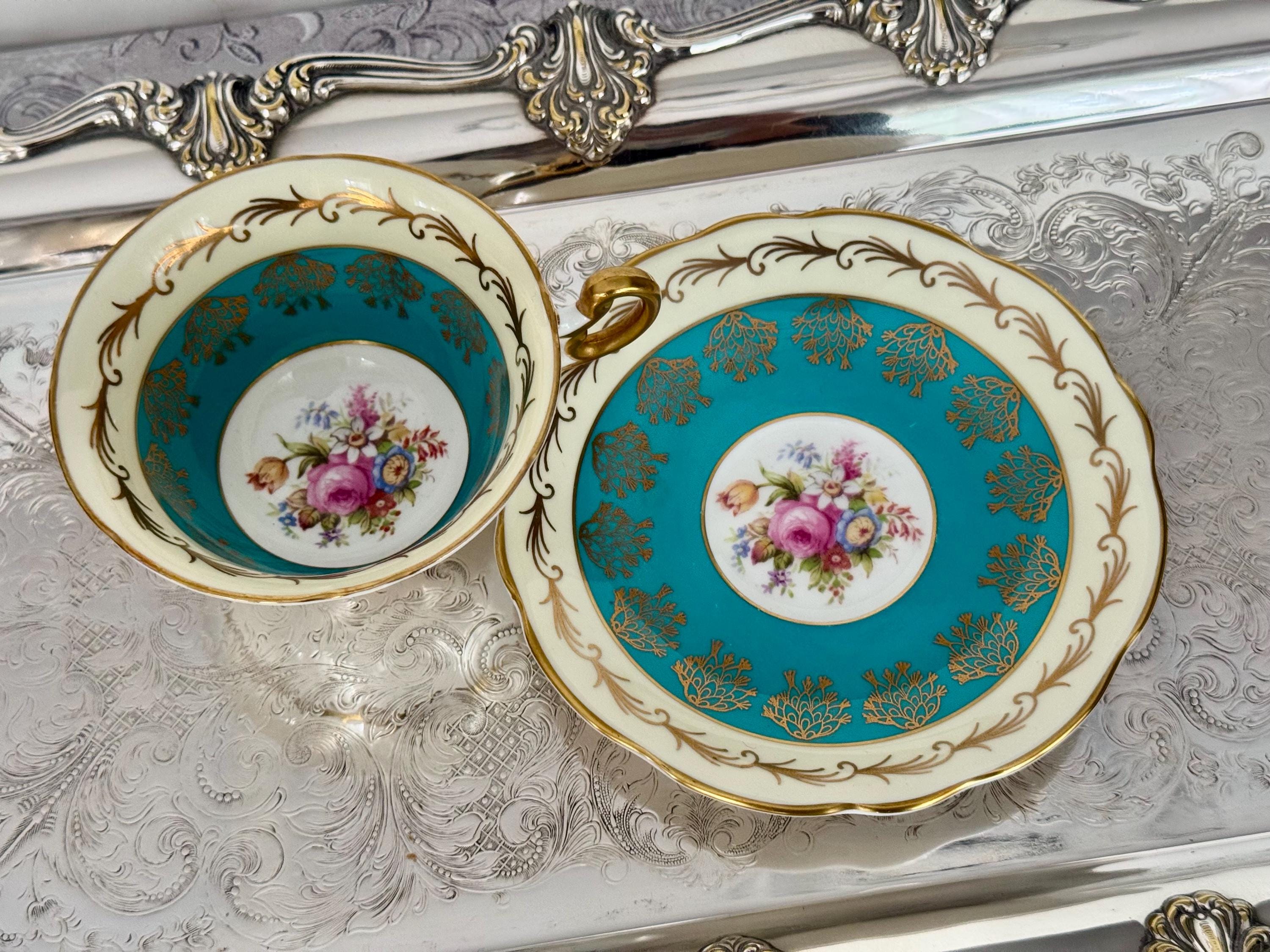 Vintage Foley Bone China Teacup & Saucer – Turquoise Gold with Floral Bouquet – Made in England
