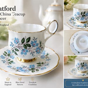 May include: A vintage Stratford bone china teacup and saucer set featuring a white base with a blue floral pattern, green leaves, and gold trim on the scalloped edges and handle. The underside of the saucer displays the Stratford brand mark.