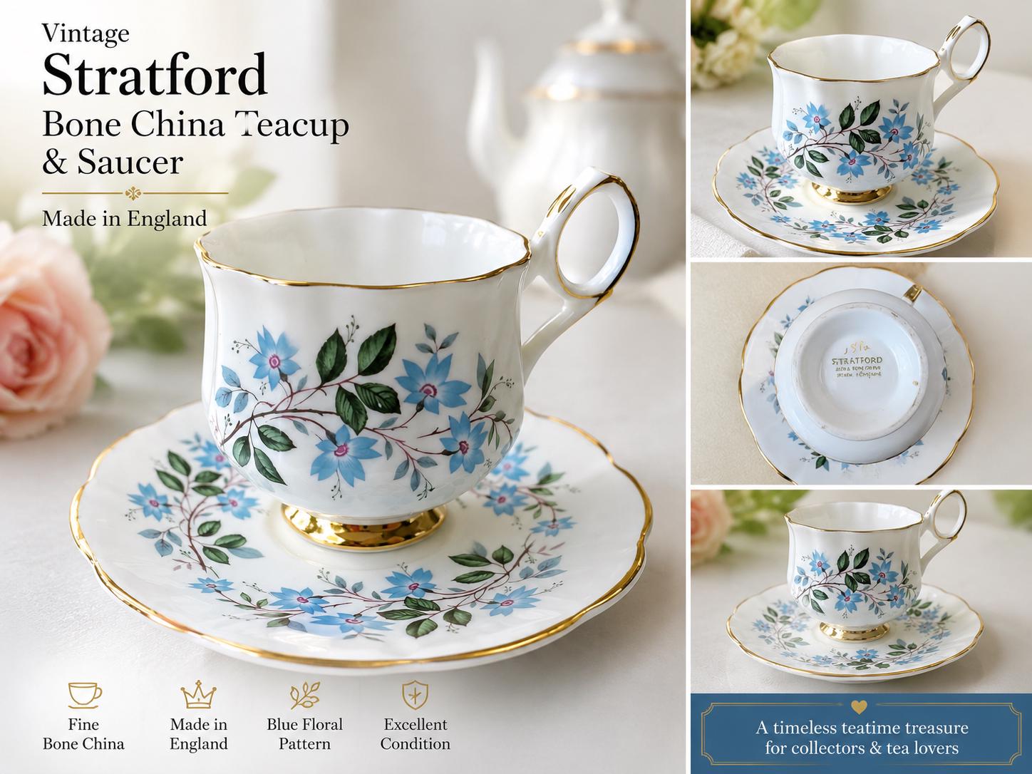 Vintage Stratford Bone China Teacup & Saucer Set – Blue Floral Pattern – Made in England