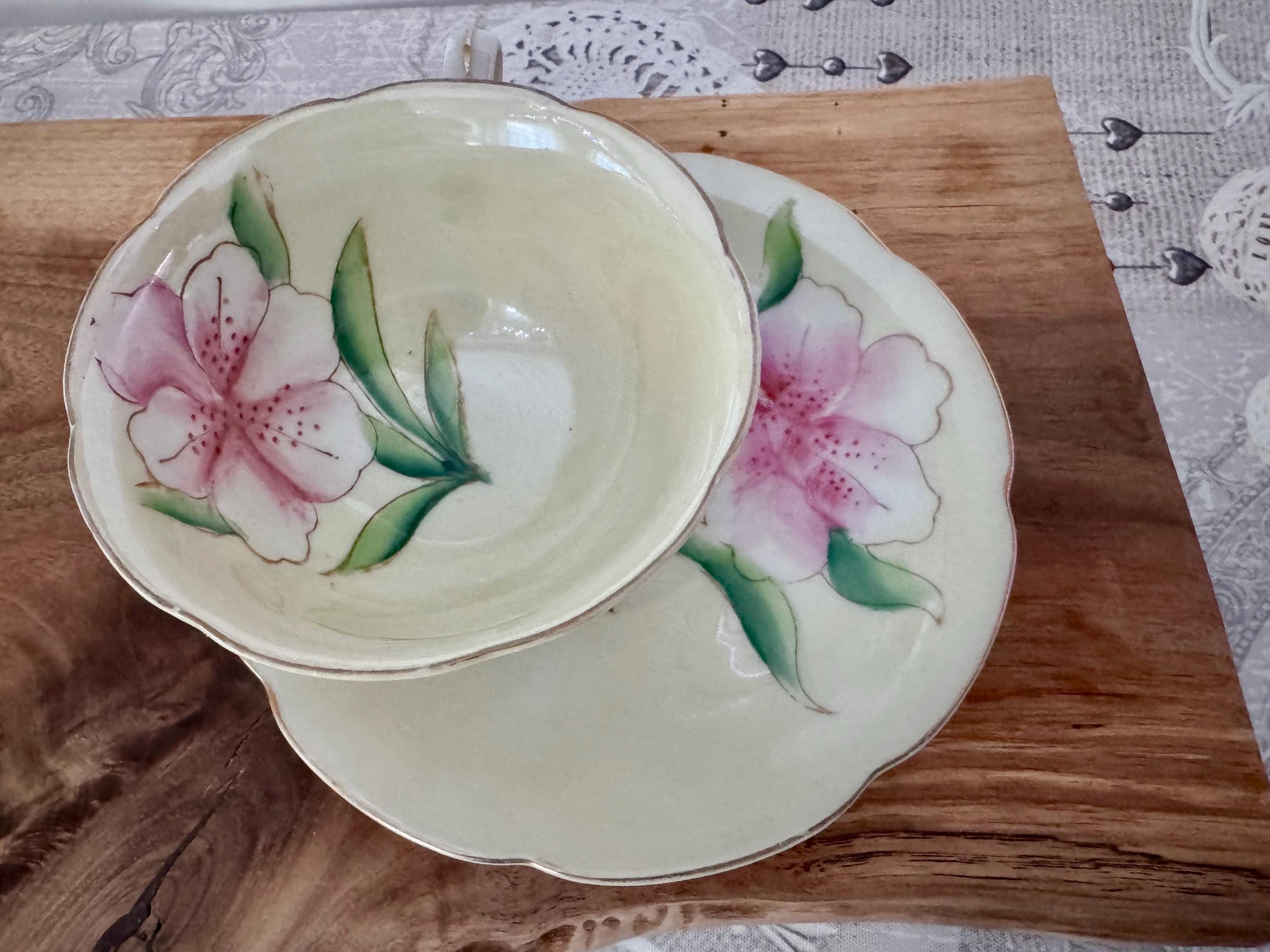 Vintage Shafford Hand-Painted Japanese Teacup & Saucer – Pink Azalea Blossom on Cream Glaze