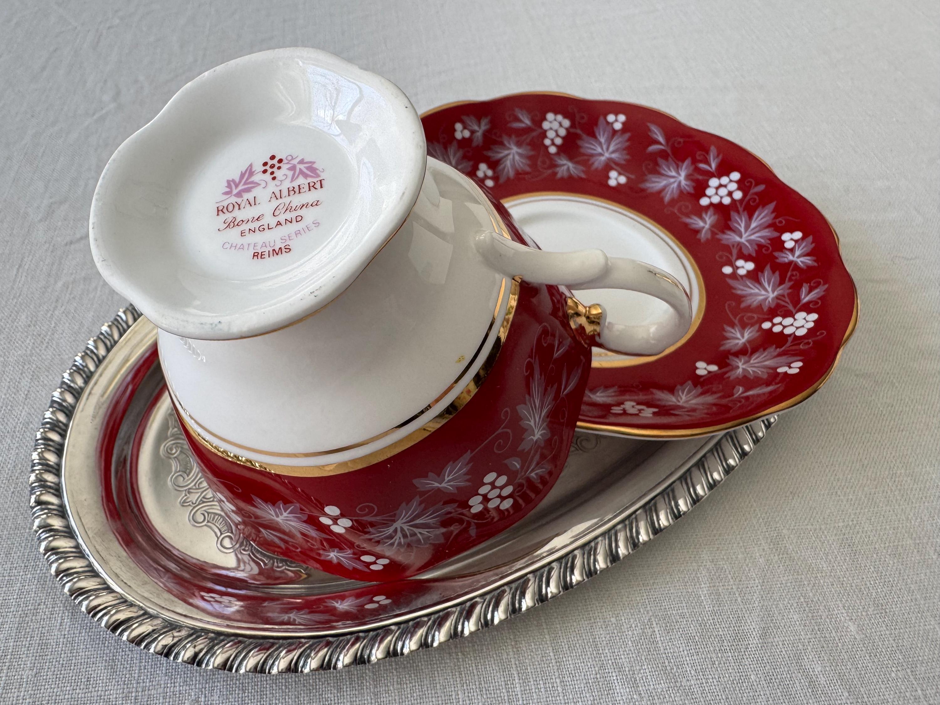 Royal Albert “Reims” Teacup & Saucer – Chateau Series – Ruby Red, Grape Motif