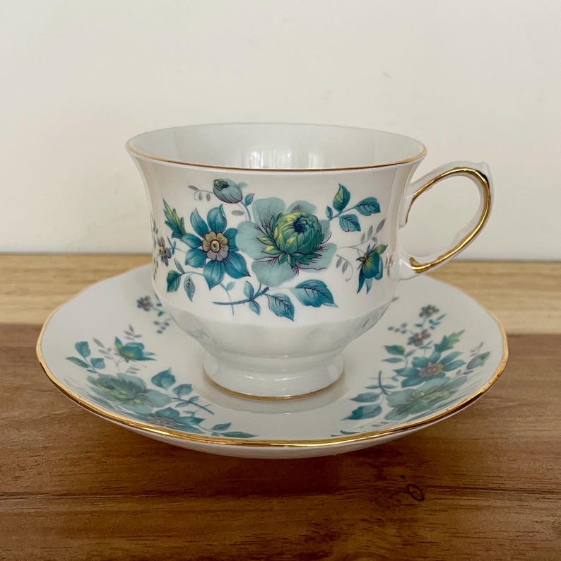 Vintage Queen Anne Bone China Cup ONLY – Teal Green Floral – England image 3