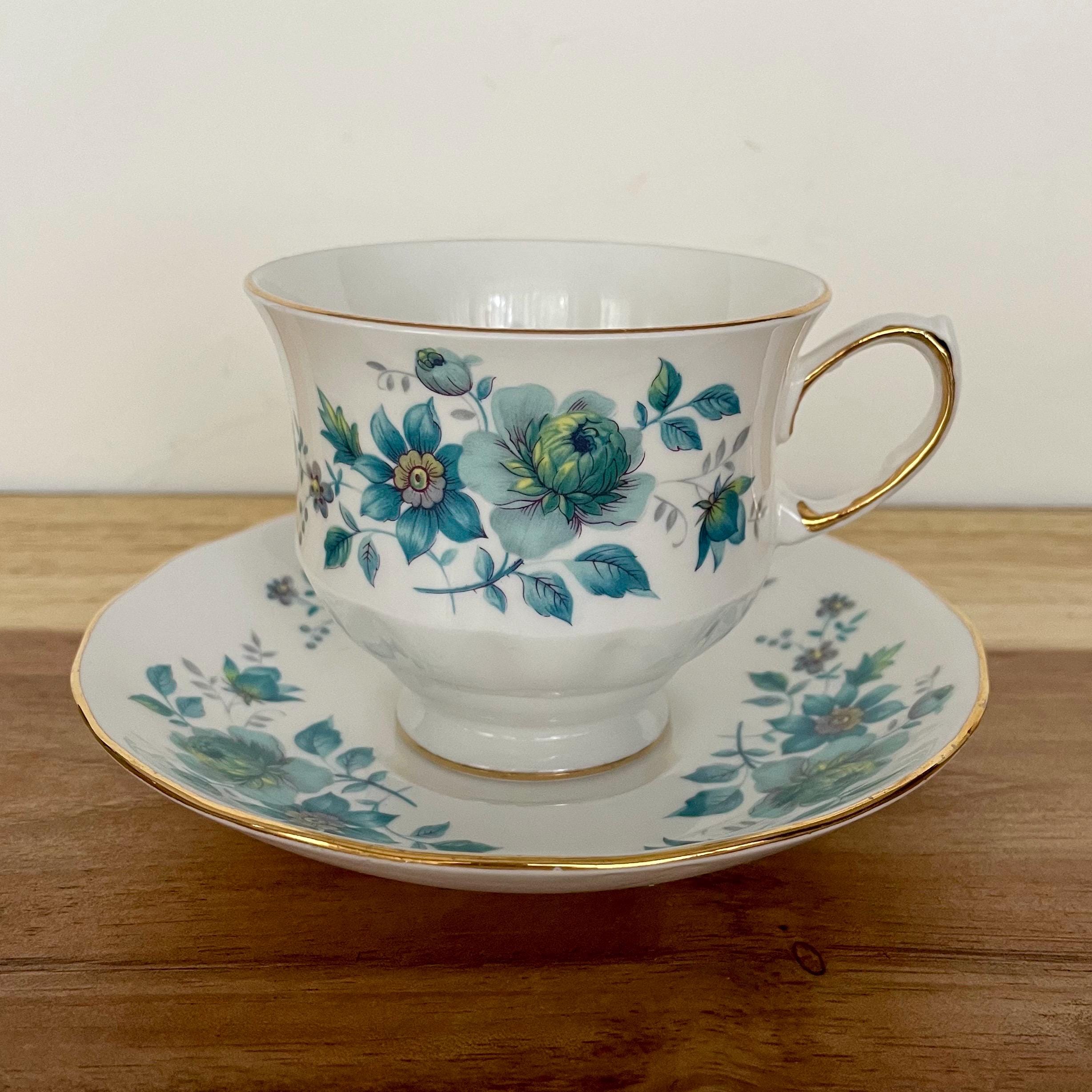 Vintage Queen Anne Bone China Cup ONLY – Teal Green Floral – England