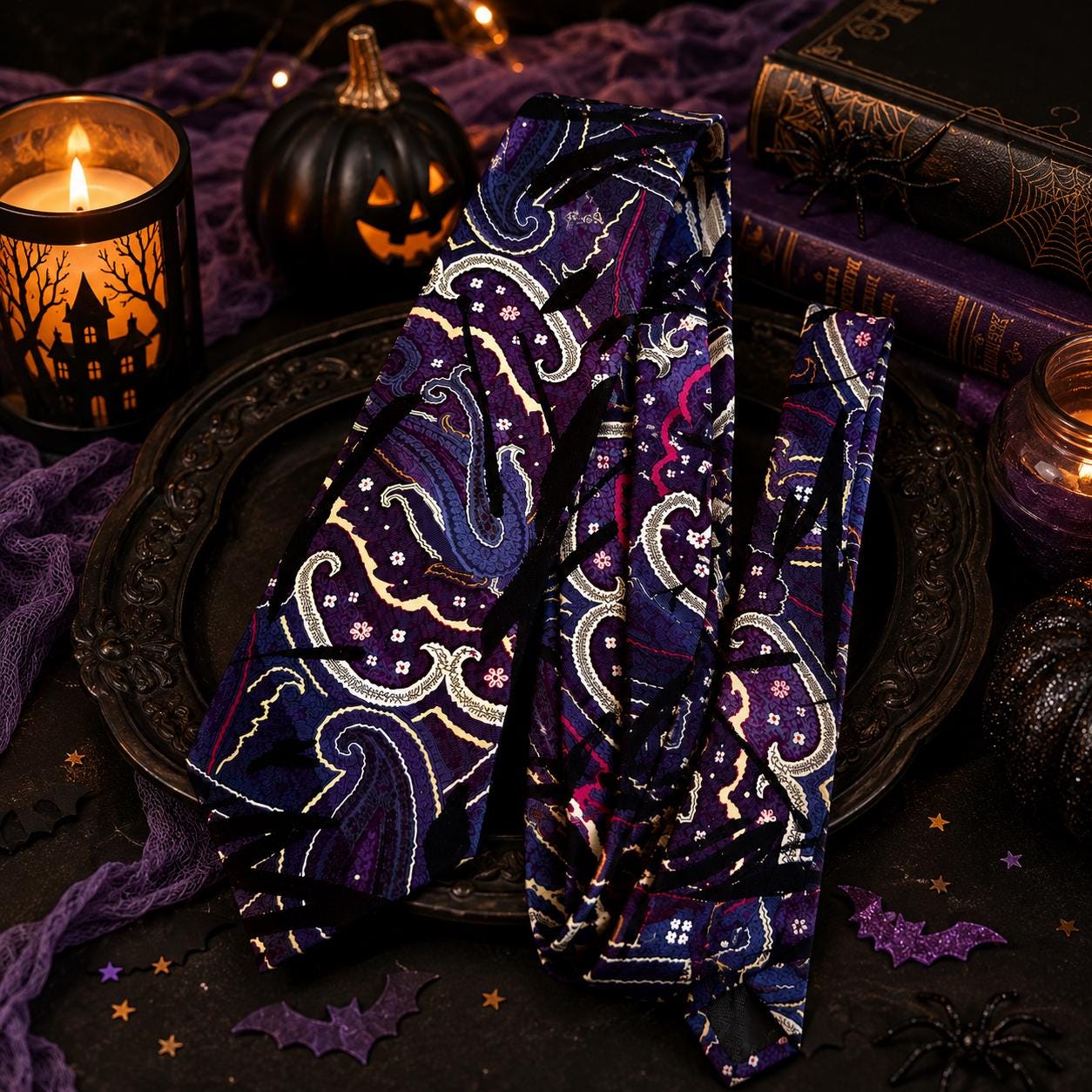 Vintage T.H. Ross 100% Silk Abstract Paisley Tie – Hand Made in Italy – Purple Black Necktie