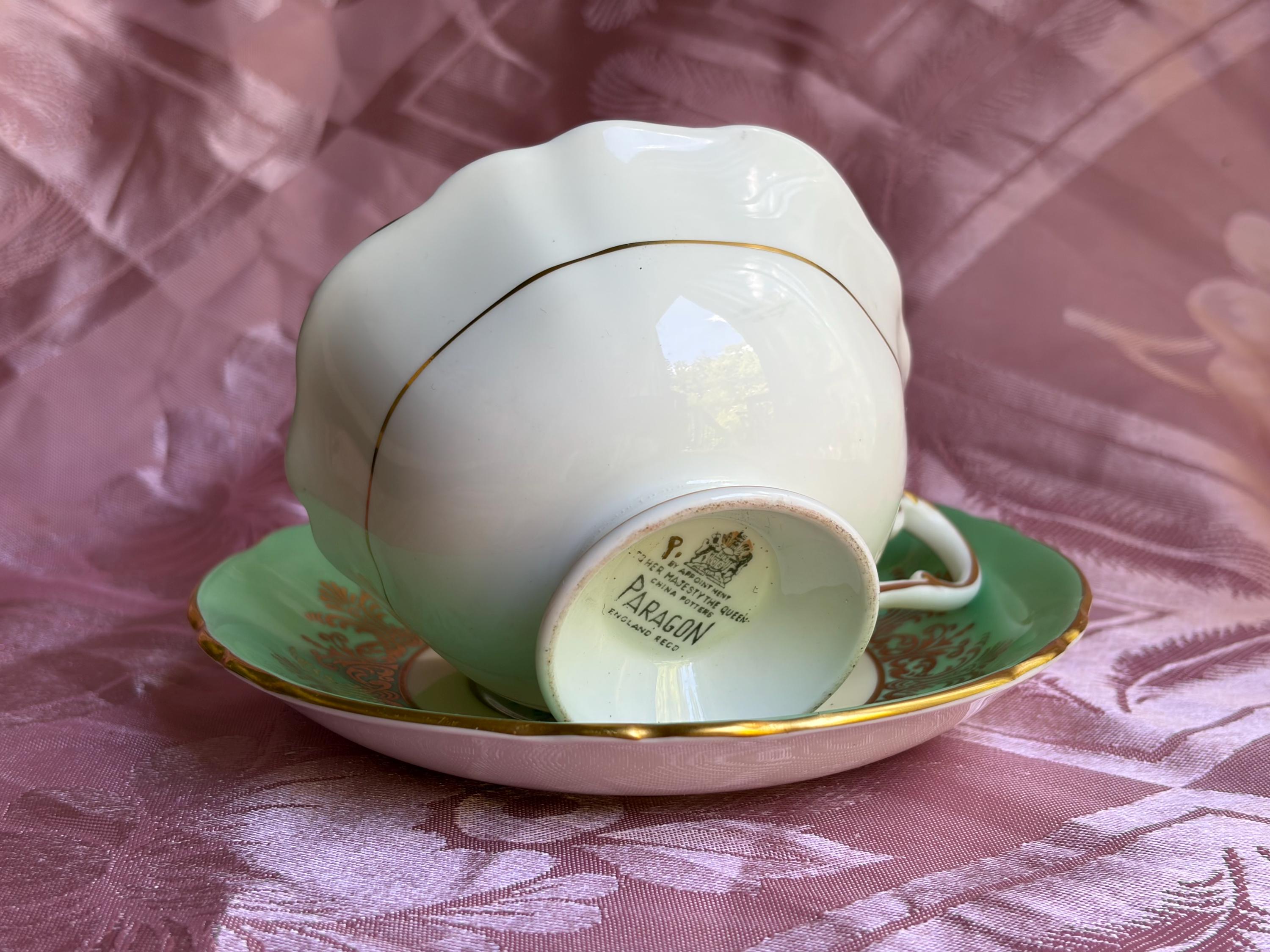 Paragon “Mint Green with Golden Filigree” – Vintage Fine Bone China Cup & Saucer – England