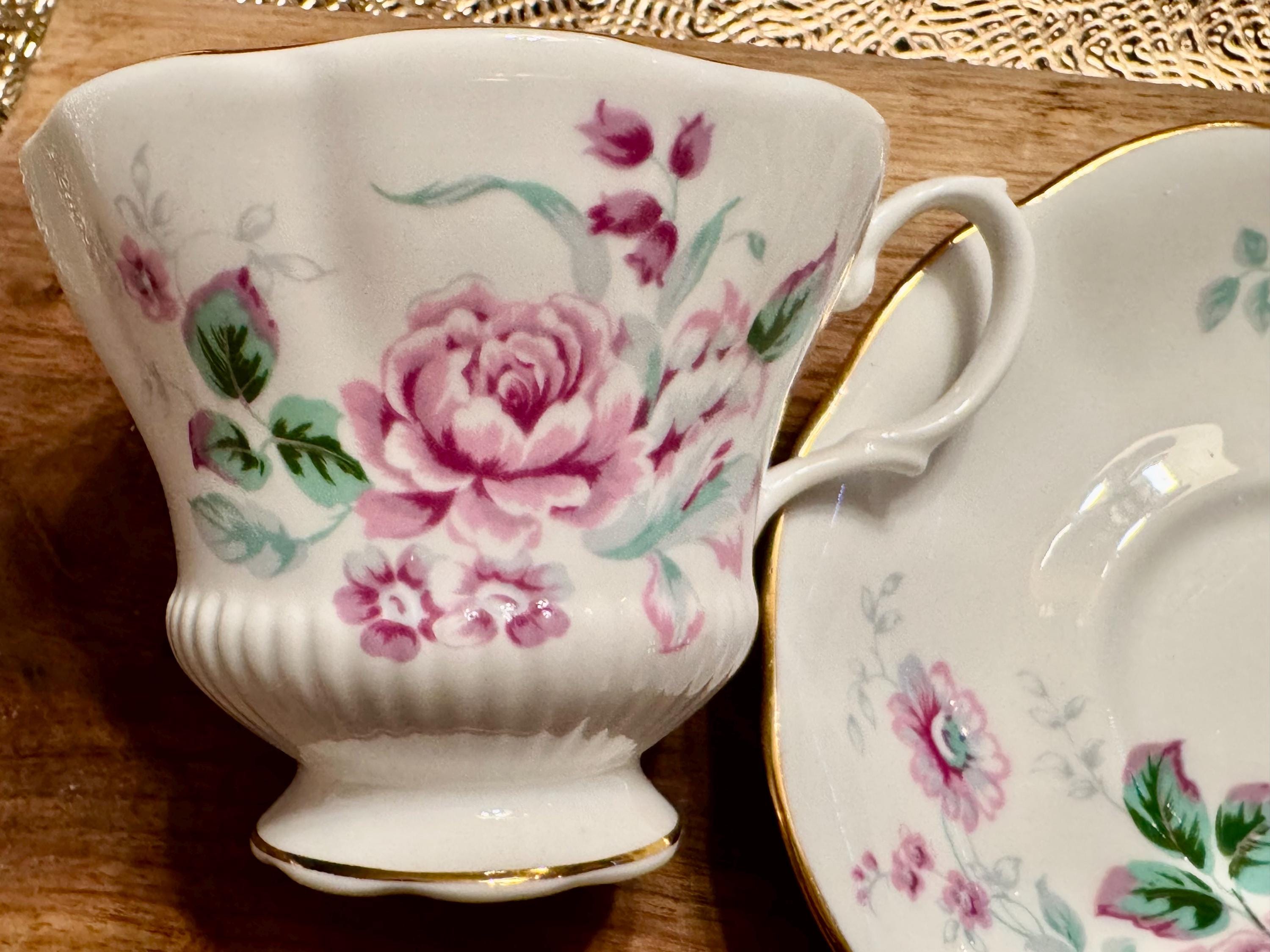 Vintage Royal Albert Bone China Cup and Saucer - Pink Rose Pattern with Gold Trim