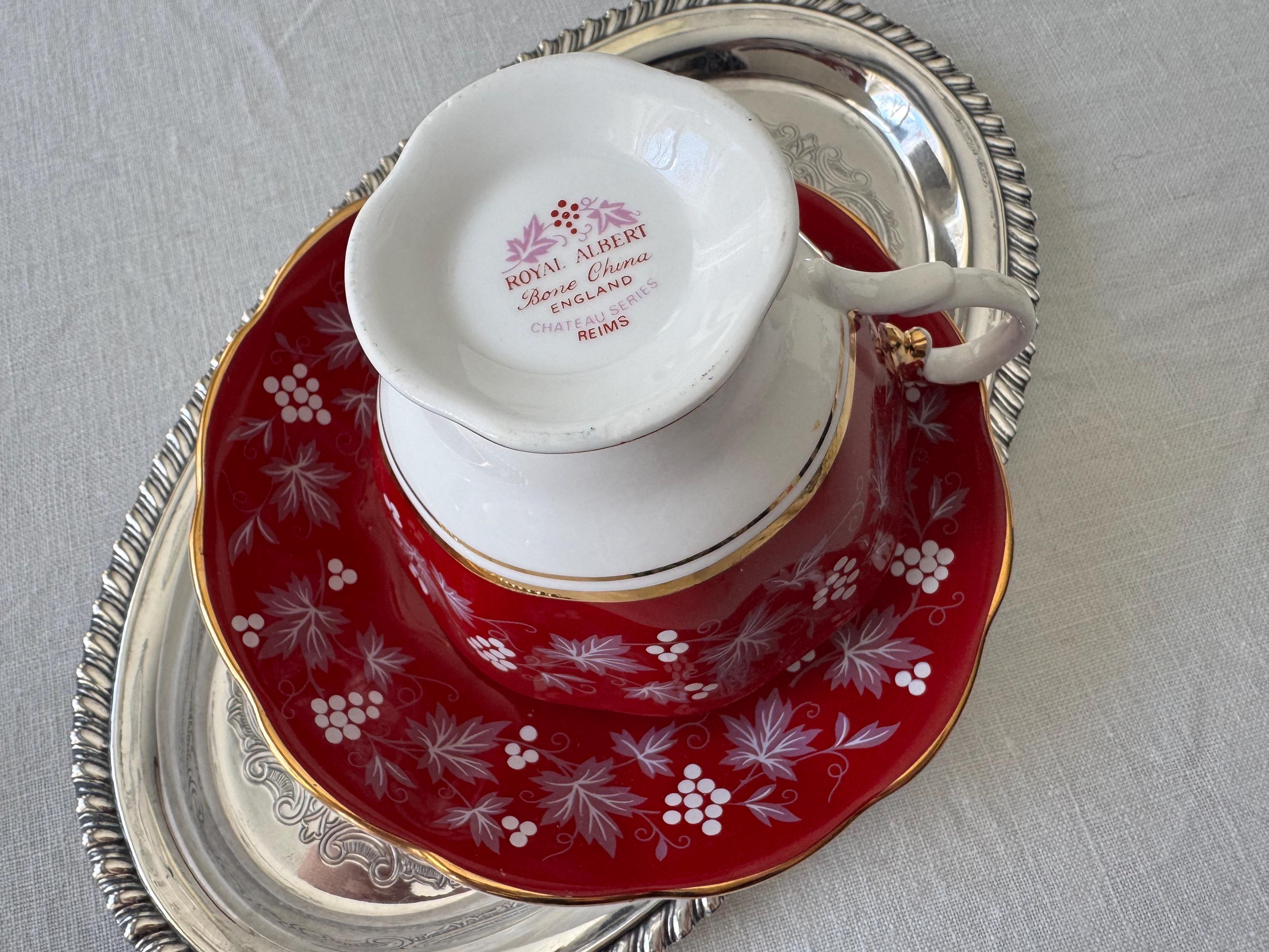 Royal Albert “Reims” Teacup & Saucer – Chateau Series – Ruby Red, Grape Motif