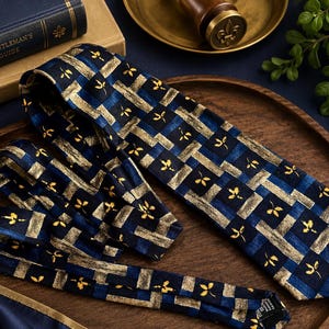 May include: A necktie featuring a dark blue and gold checkered pattern with small yellow floral accents. The fabric displays a woven texture with alternating dark blue and metallic gold bands, creating a grid design across the entire length.
