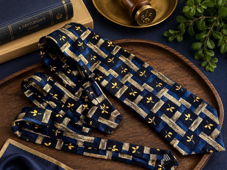 May include: A necktie featuring a dark blue and gold checkered pattern with small yellow floral accents. The fabric displays a woven texture with alternating dark blue and metallic gold bands, creating a grid design across the entire length.