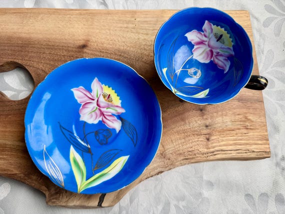 Vintage Princess China Japan Teacup & Saucer – Blue Interior, Black Exterior – Hand-Painted Floral