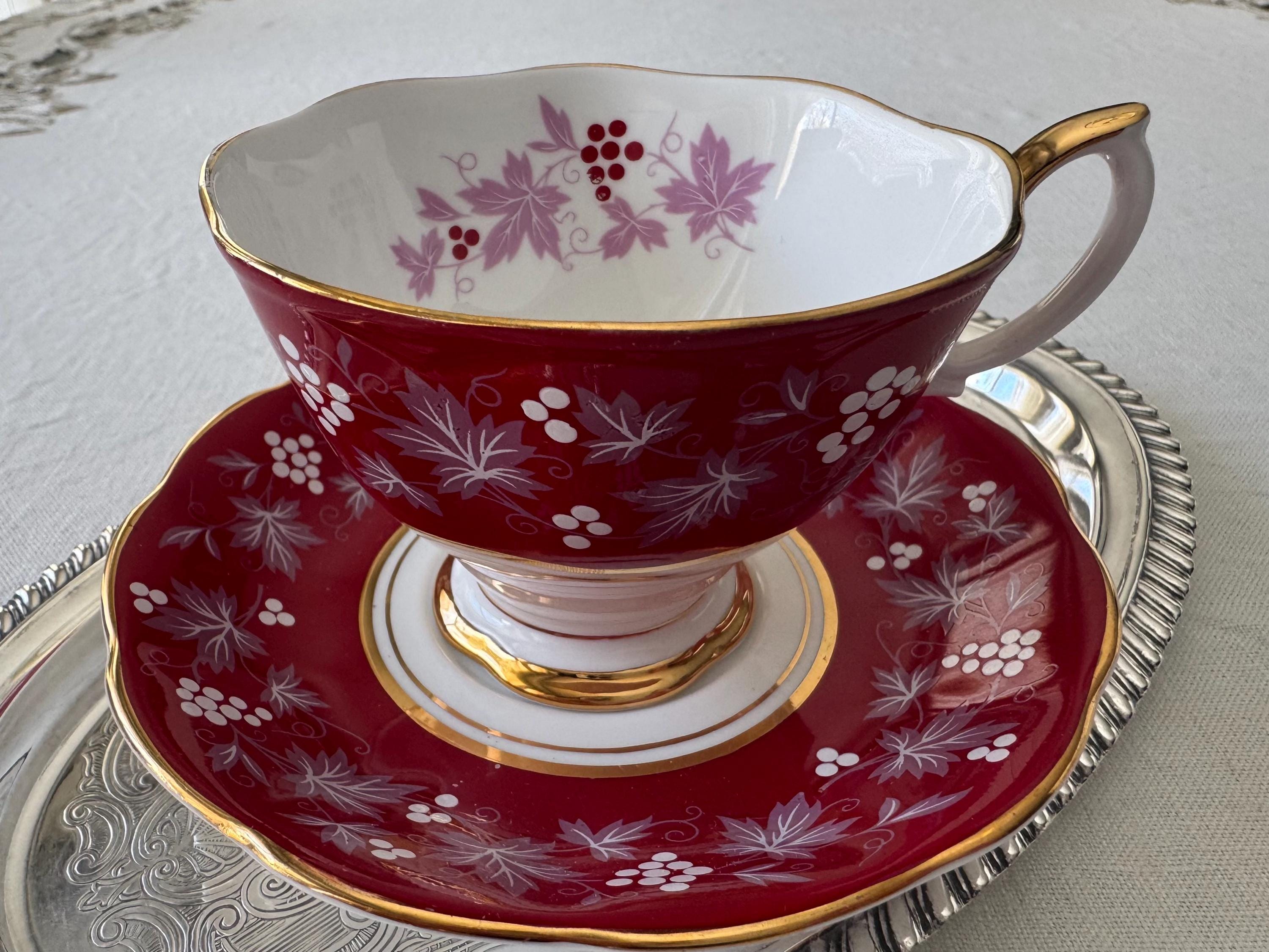 Royal Albert “Reims” Teacup & Saucer – Chateau Series – Ruby Red, Grape Motif