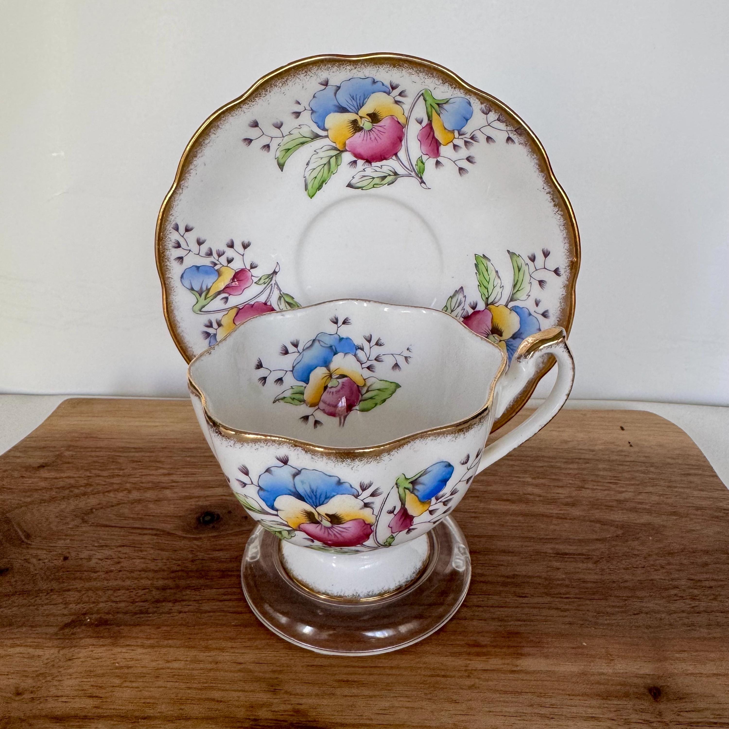 Vintage Queen Anne Teacup and Saucer – “Country Gardens: Pansy” – Multicolor Florals with Gold Trim