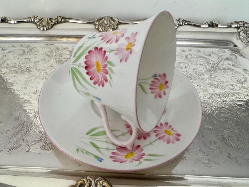 May include: White teacup and saucer set with pink daisy floral design. The teacup has a curved handle and a pink rim. The saucer also has a pink rim and daisy pattern. The set is on a silver tray.