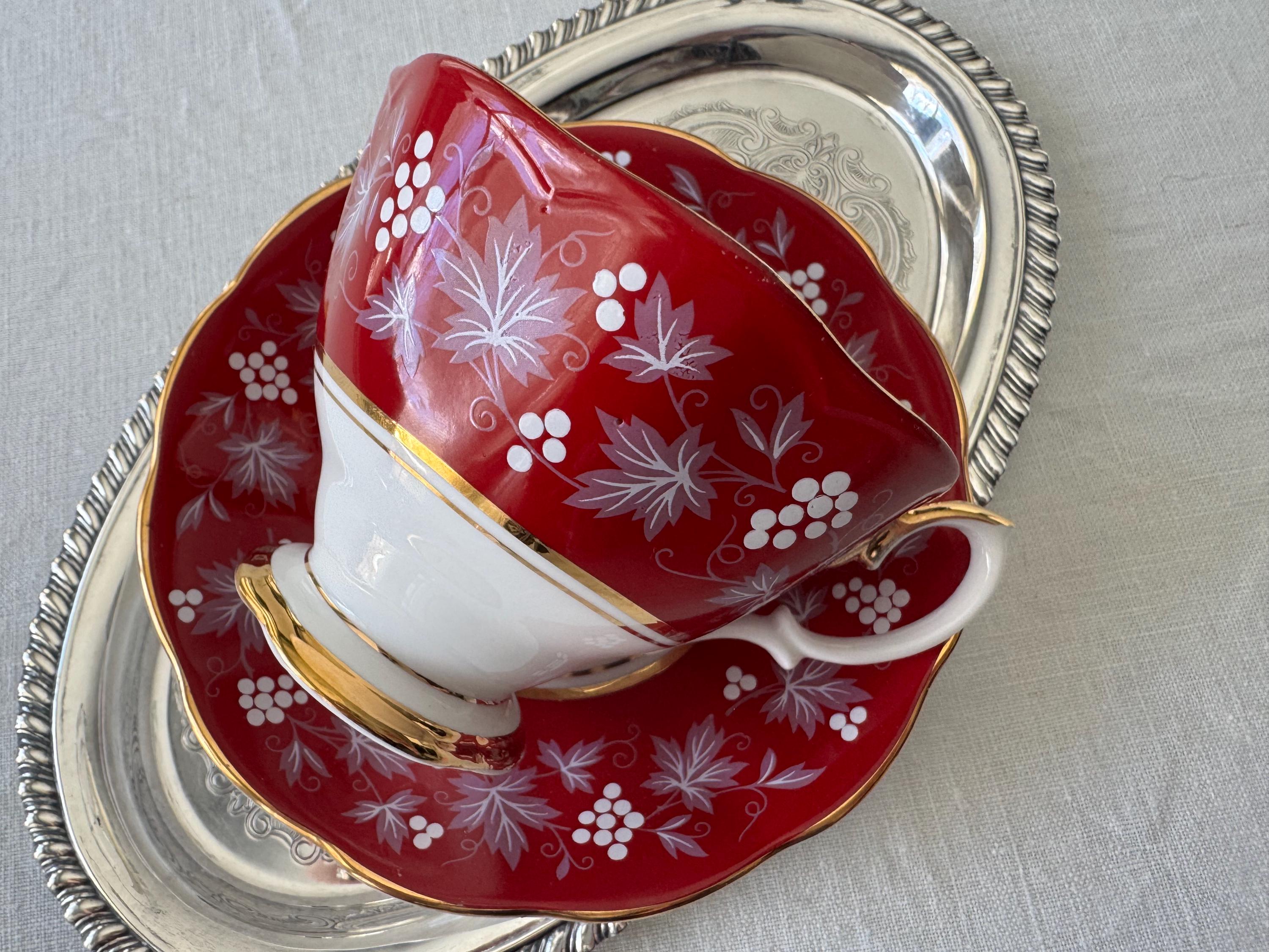 Royal Albert “Reims” Teacup & Saucer – Chateau Series – Ruby Red, Grape Motif