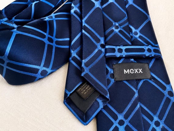 Vintage MEXX Geometric Silk Tie — Navy & Blue Modern Graphic Pattern