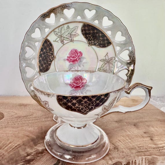 Vintage Lusterware Teacup & Saucer: Gold Overlay Pink Rose - Japan