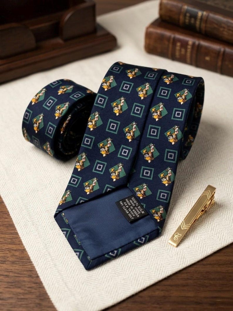 K&ouml;nnte beinhalten: Marineblaue Seidenkrawatte mit einem sich wiederholenden Muster aus Figuren in gr&uuml;nen und gelben Rauten. Eine goldfarbene Krawattenklammer mit eingraviertem Design liegt neben der Krawatte. Die Krawatte ist teilweise aufgerollt.
