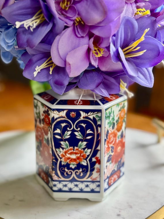 Vintage Japanese Imari-Style Porcelain Jar | Hexagonal | Bold Florals | Collectible Charm